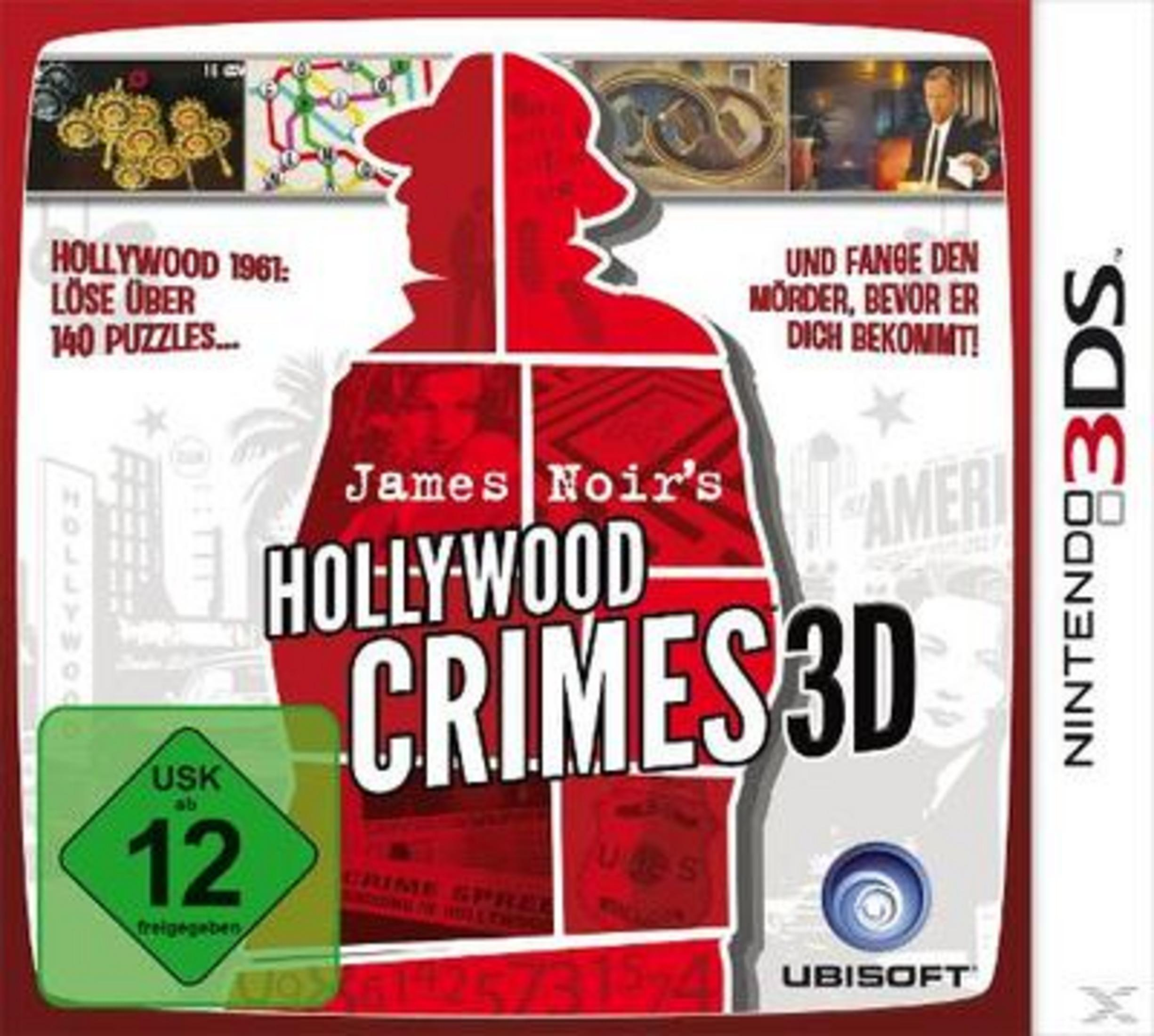 Una scatola di videogiochi per James Noir's Hollywood Crimes 3D con grafica rossa e bianca.