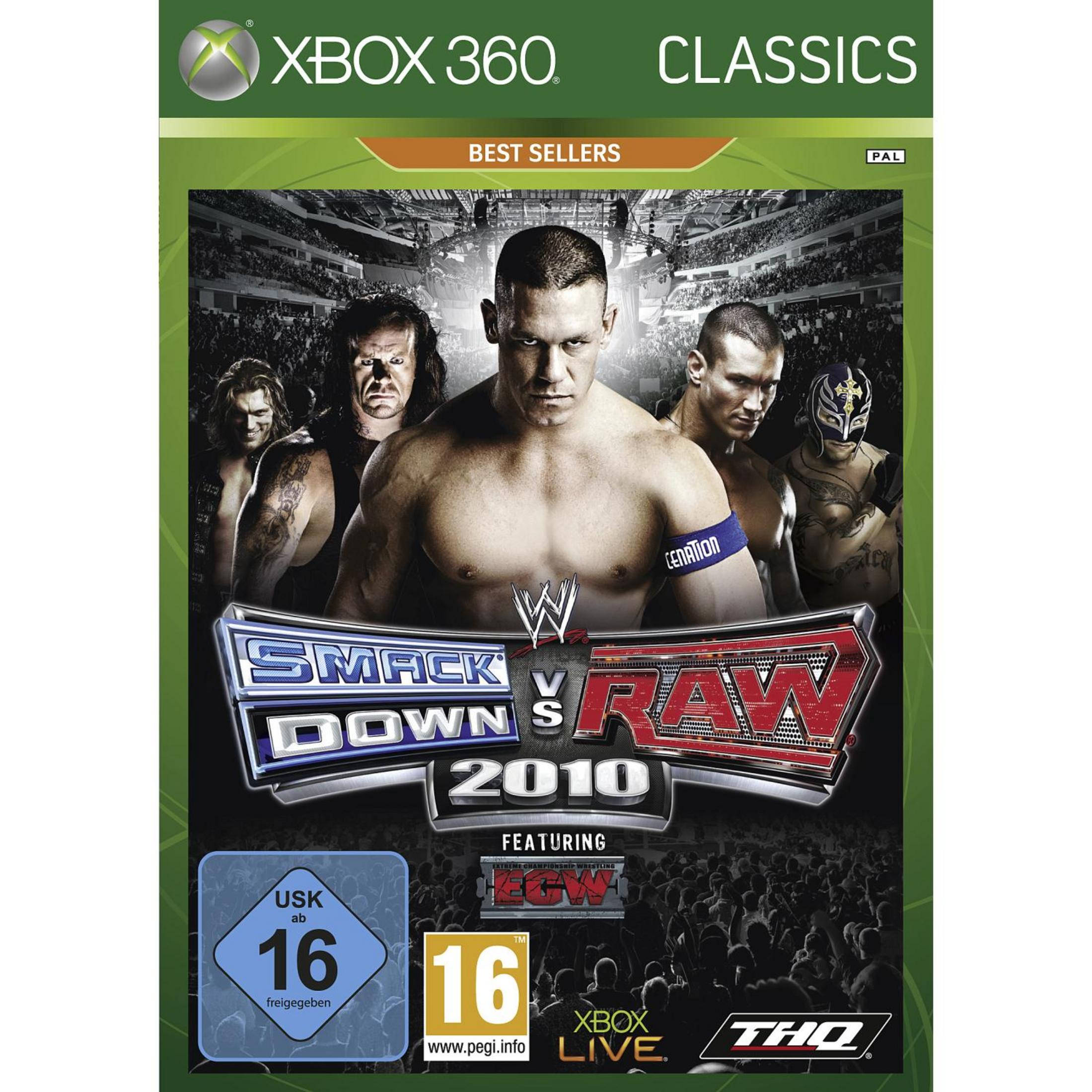 Das Xbox 360-Spiel 'Smackdown vs Raw 2010' zeigt Wrestler wie John Cena auf dem Cover.