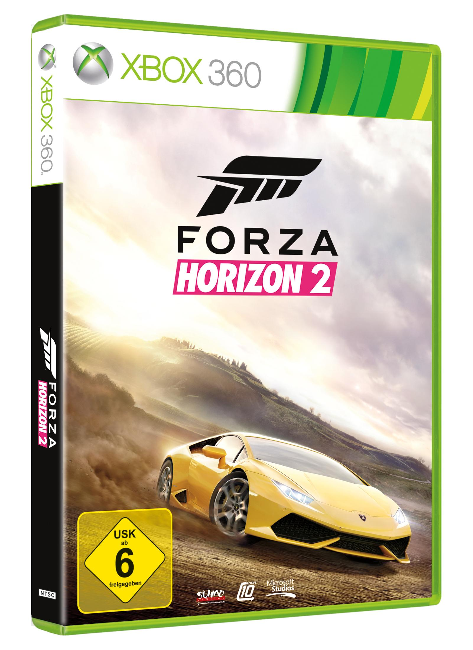 Das Forza Horizon 2-Cover zeigt einen gelben Sportwagen, der auf einer unbefestigten Straße einem Sonnenuntergang entgegenfährt.