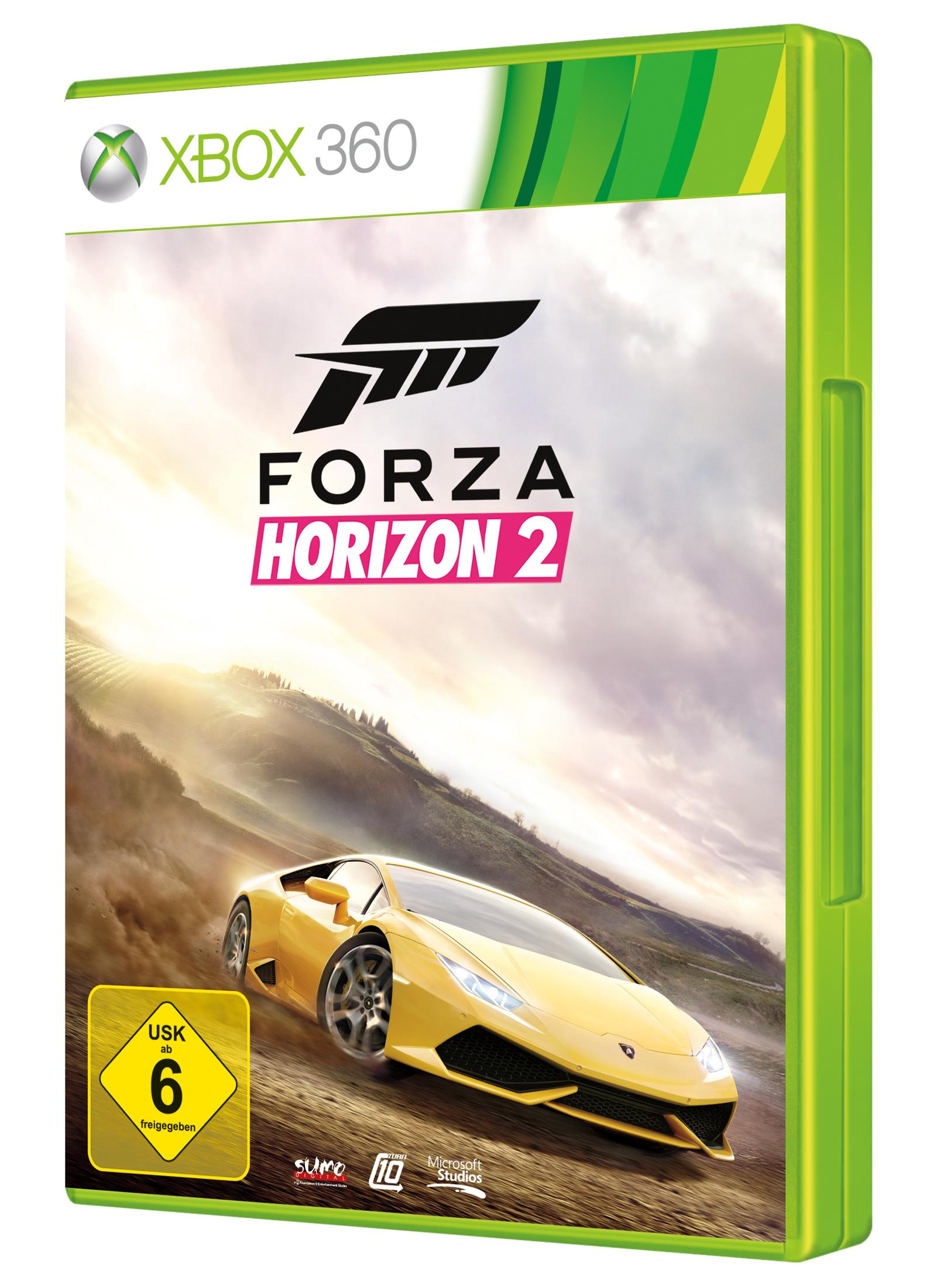 Das Forza Horizon 2-Cover zeigt einen gelben Sportwagen, der auf einer unbefestigten Straße einem Sonnenuntergang entgegenfährt.