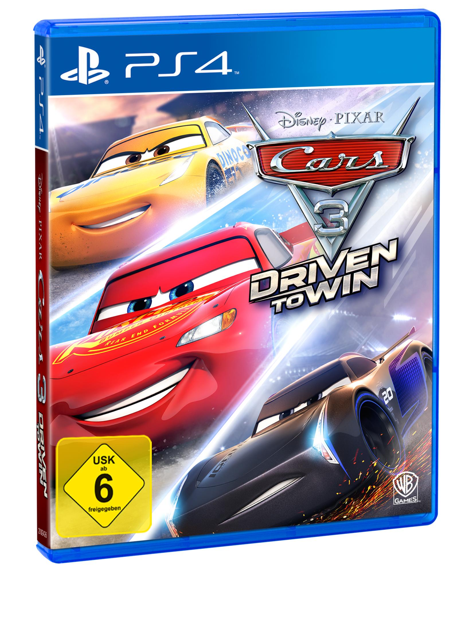 Cars 3: Driven to Win-Spielcover mit Lightning McQueen und anderen Charakteren auf blauem Hintergrund.