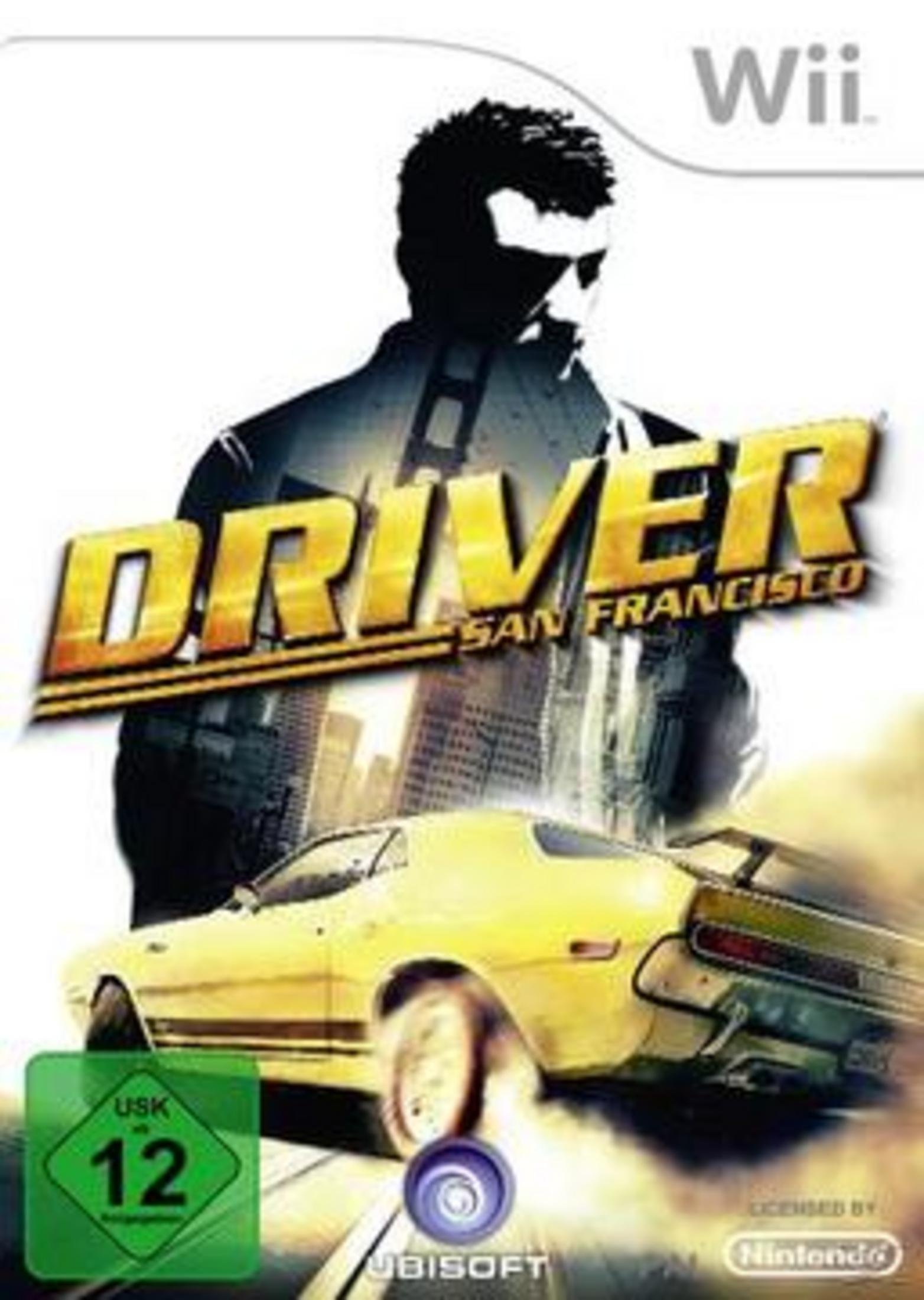 Driver San Francisco-Spielcover mit gelbem Auto und schattenhafter Figur auf weißem Hintergrund.