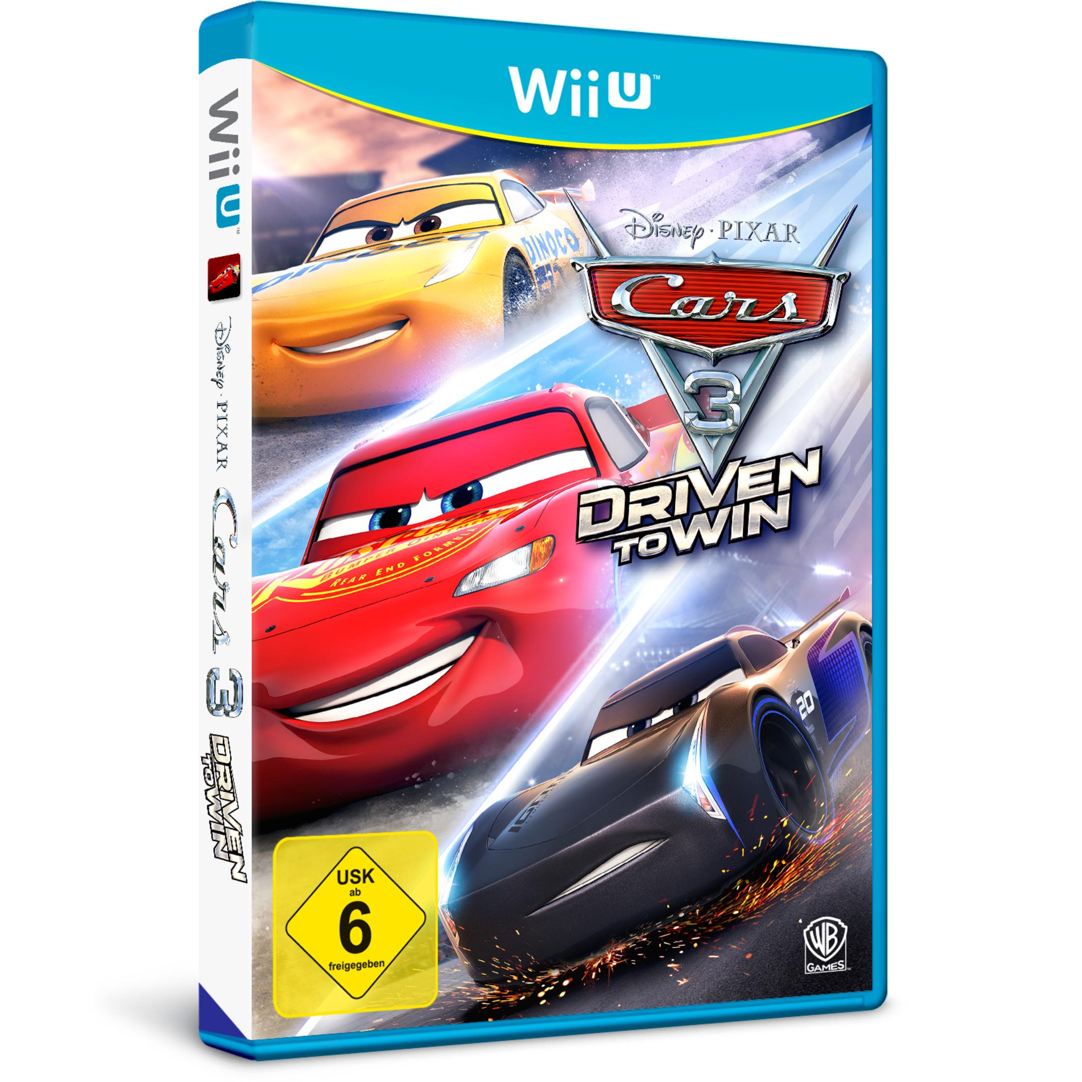 Das Spielcover für Cars 3: Driven to Win zeigt Lightning McQueen und andere Autos auf blauem Hintergrund.