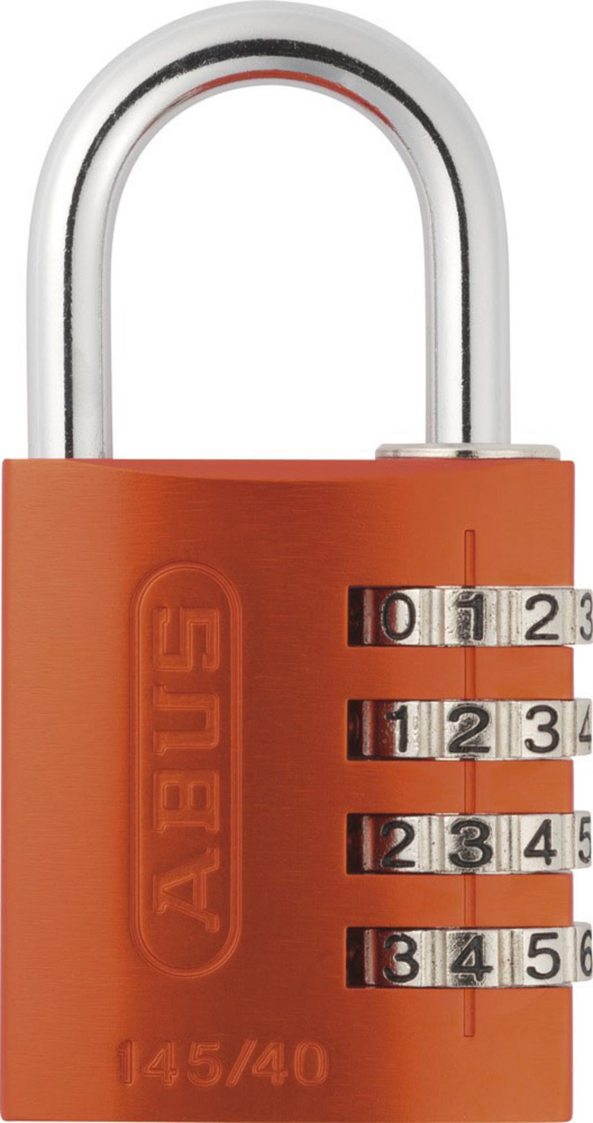 Orangenes Zahlenschloss mit silbernem Bügel und vier nummerierten Wählscheiben zum Einstellen des Codes.