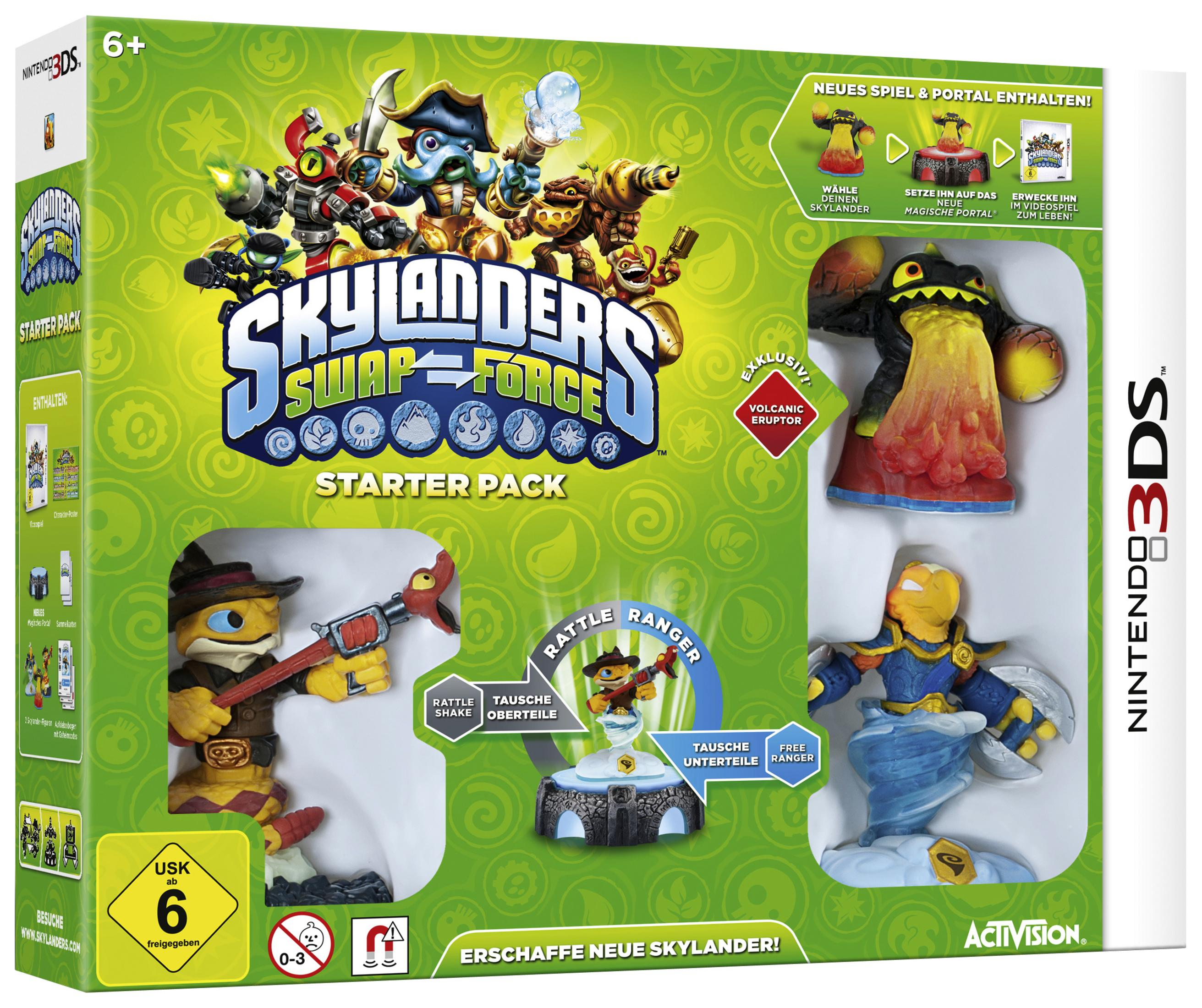 Skylanders Swap Force Starter Pack für Nintendo 3DS mit Charakterfiguren und Spielebox-Cover.
