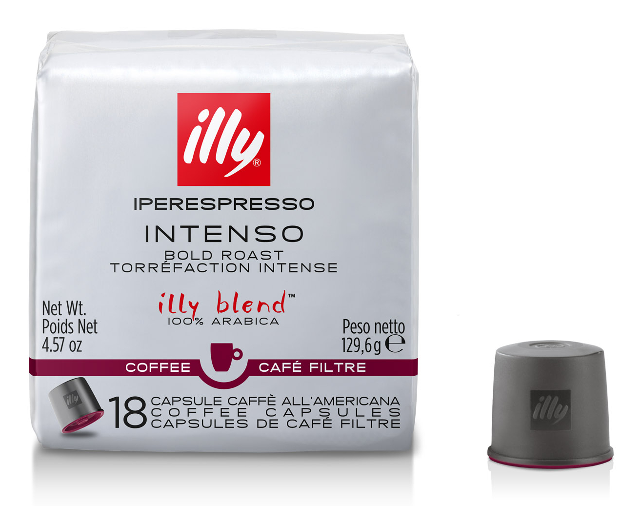Eine weiße Packung Illy Intenso Kaffeekapseln mit rotem und schwarzem Text auf Weiß.