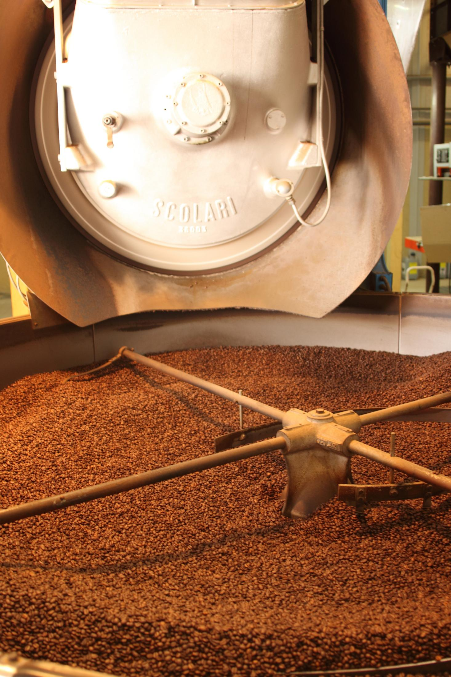 Una grande macchina per la torrefazione del caffè piena di chicchi di caffè.