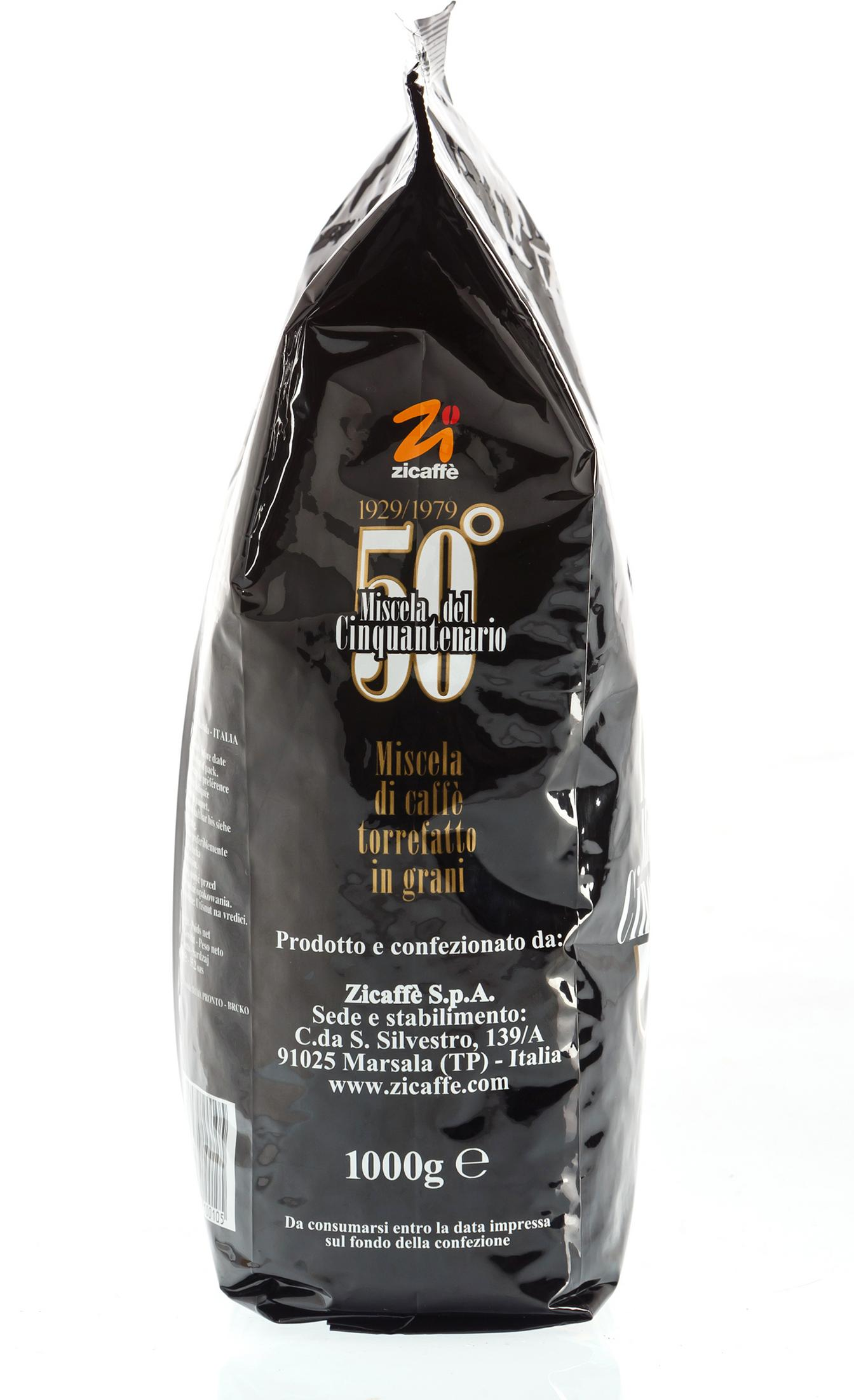 Un sacchetto nero di caffè Zicaffè Miscela del Cinquantenario su sfondo bianco.