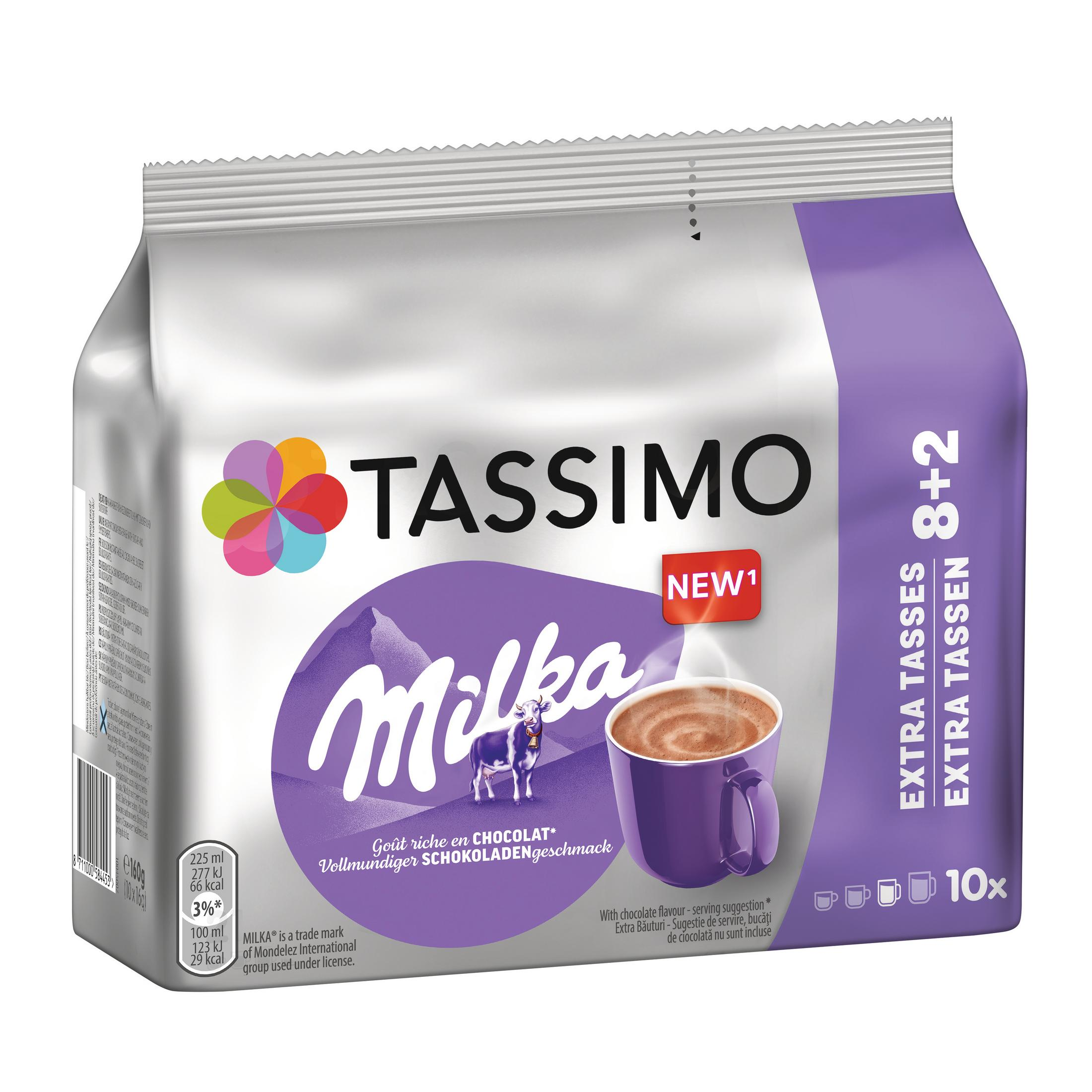 Se muestra un paquete de chocolate caliente Tassimo Milka con una taza morada.