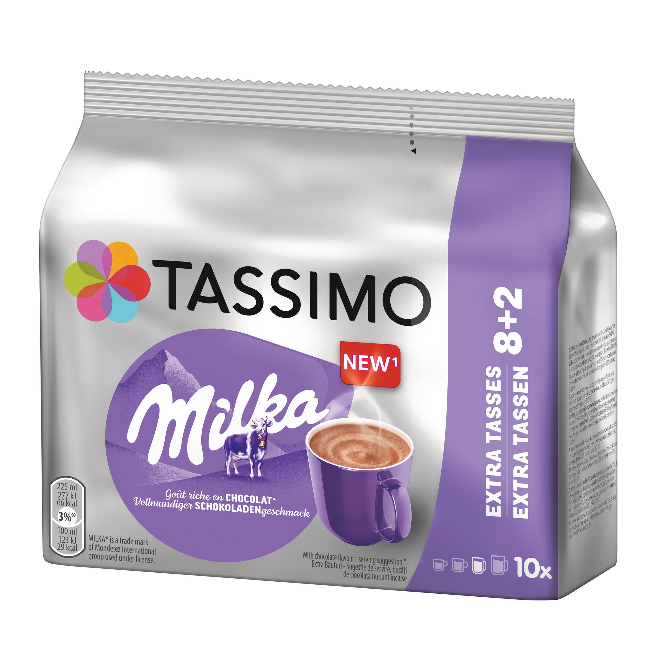 Paquete de cápsulas Tassimo Milka en plata y morado. Muestra una bebida de chocolate Milka y una vaca en una montaña.
