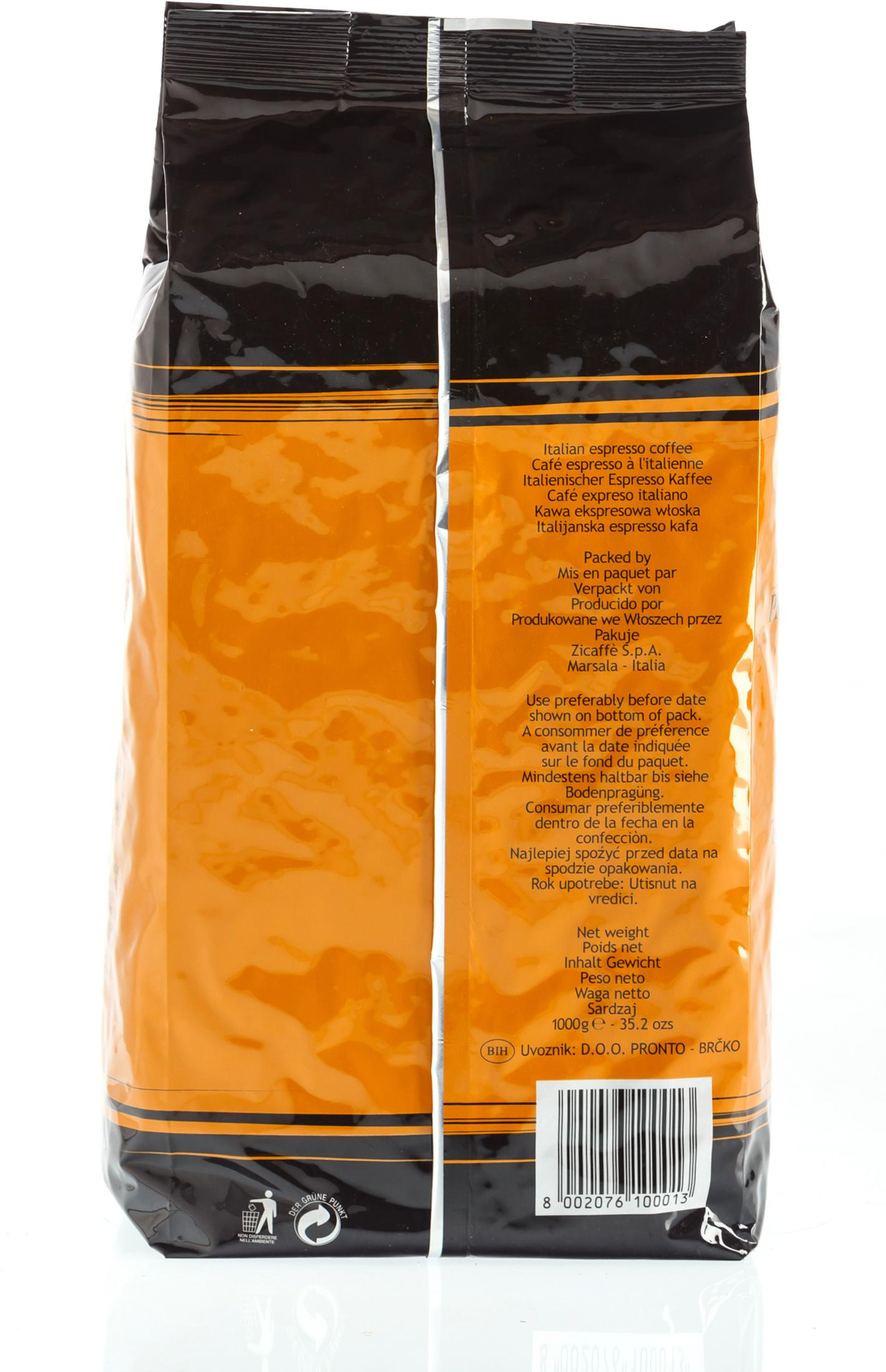 Sack mit Zicaffe Professional Bar Kaffeebohnen, der italienischen Text und einen Barcode auf einem schwarzen und orangefarbenen Sack zeigt.
