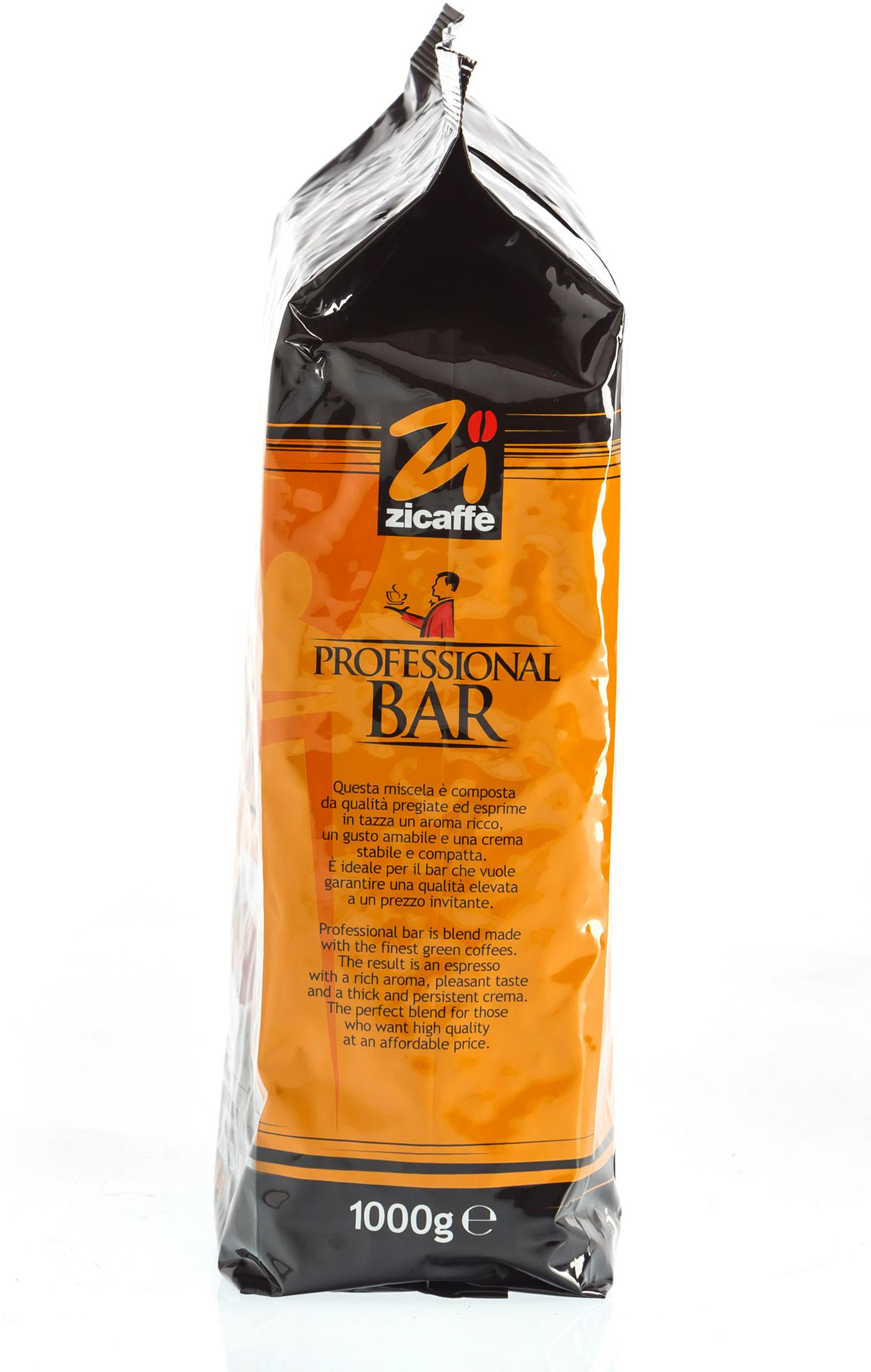 Sack mit Zicaffe Professional Bar Kaffeebohnen. Der Sack ist schwarz und orange mit einer weißen Tasse Kaffee.