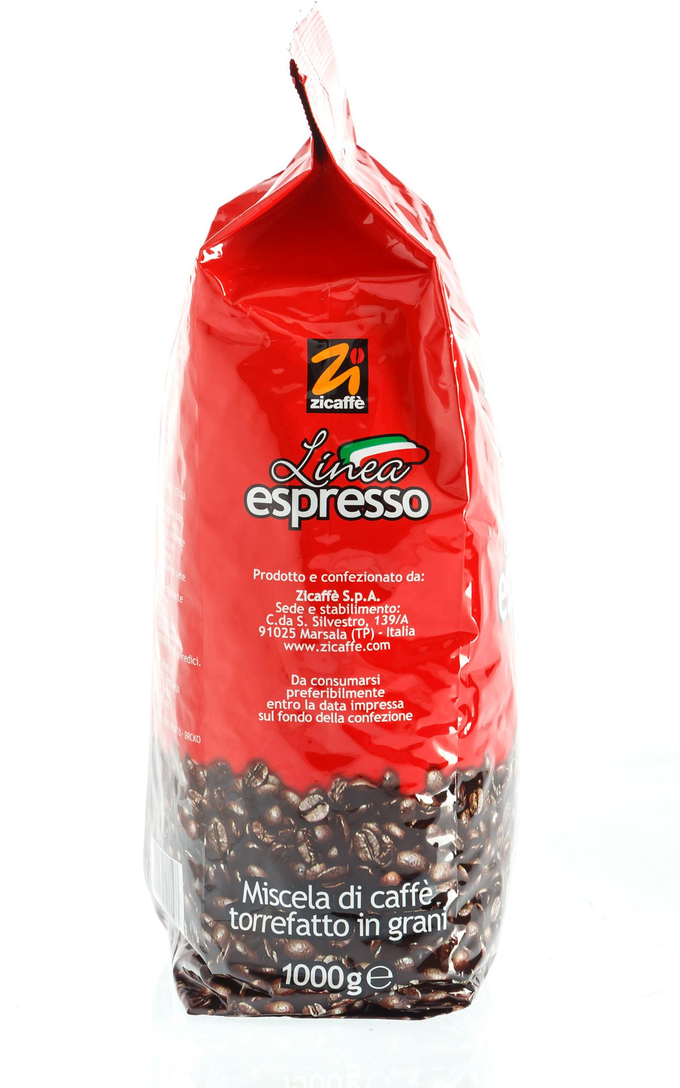 Un sacchetto rosso di chicchi di caffè Zicaffè Linea Espresso, 1000g, con il logo e il testo visibili.