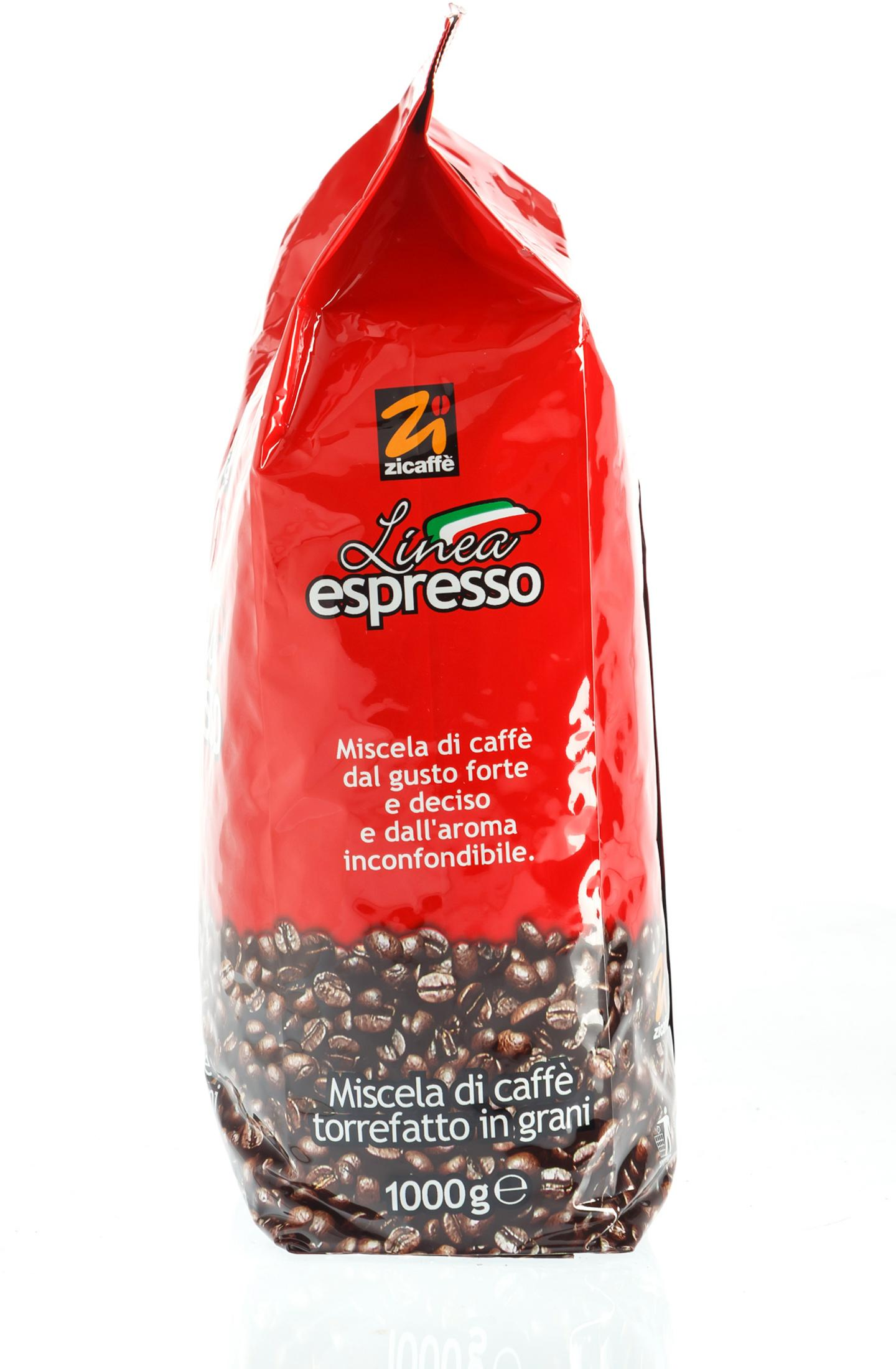 Un sacchetto rosso di chicchi di caffè Zicaffè Linea Espresso, 1000g, con il logo e il testo visibili.