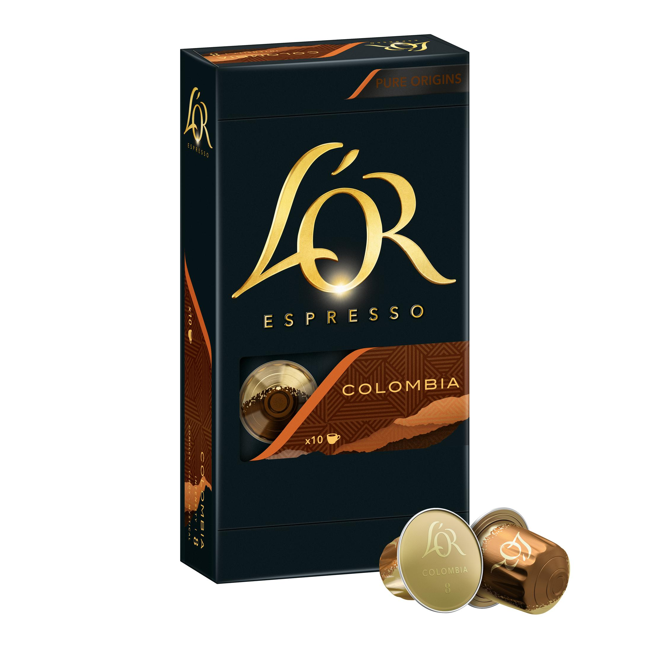 Eine schwarze Schachtel L'OR Espresso Colombia Kaffeekapseln mit goldener Schrift und einem Kapselbild.