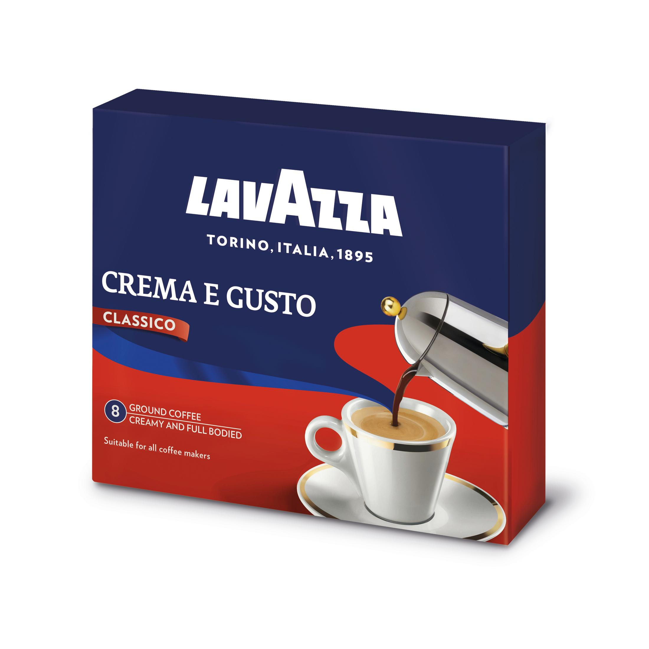 Lavazza Crema e Gusto Classico Box: Kaffee gießt in Tasse, hervorhebung Marke und Produkt.