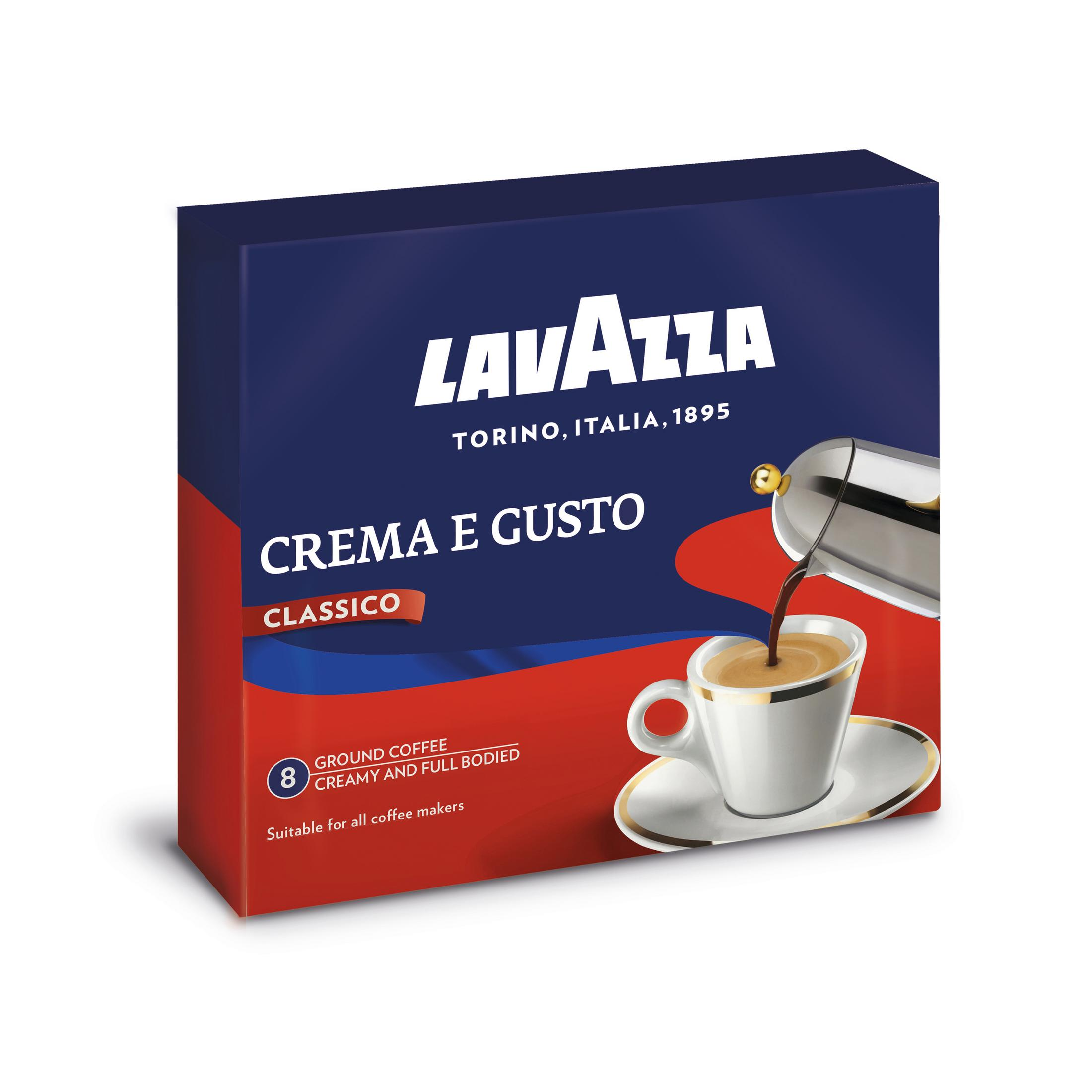Lavazza Crema e Gusto Classico Box: Kaffee gießt in eine Tasse, die Marke und das Produkt präsentieren.