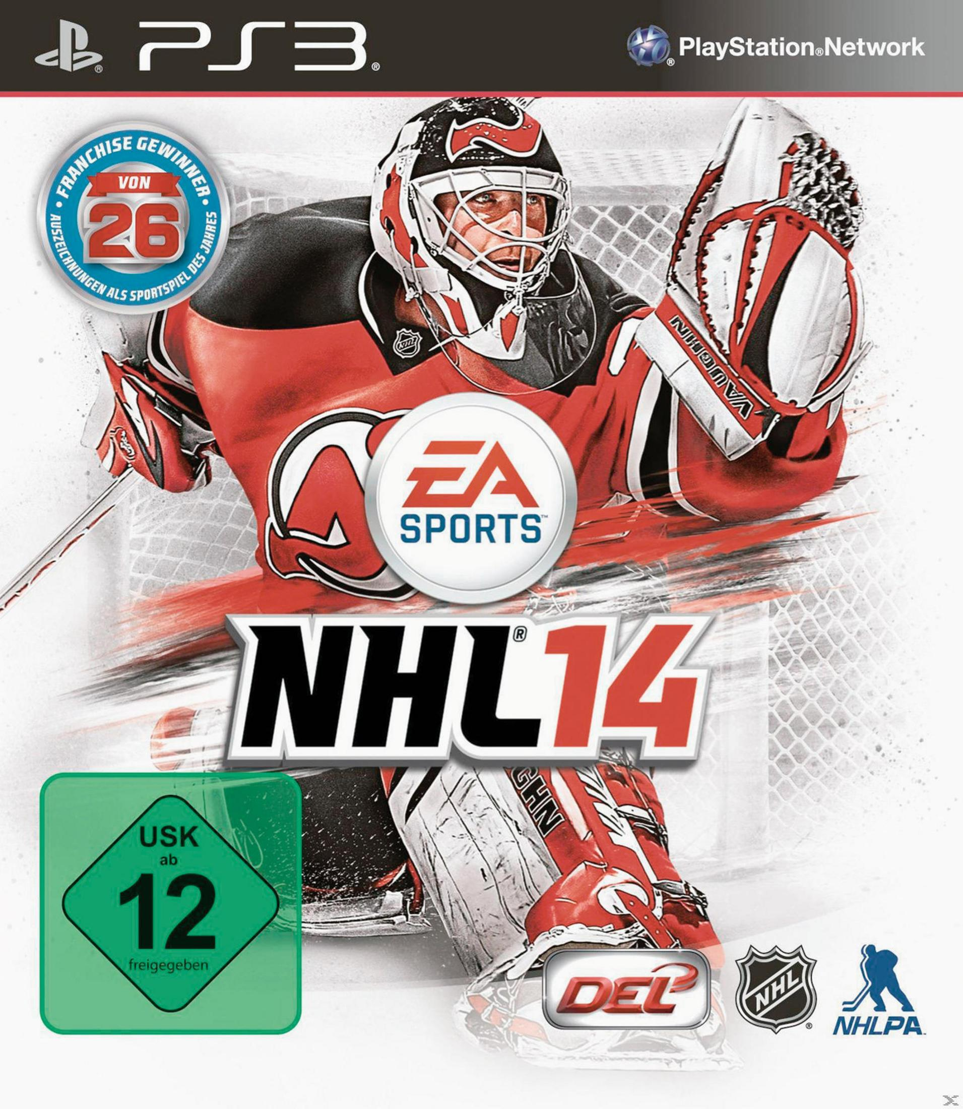 NHL 14-Videospielcover mit einem Hockeytorwart in roter und weißer Ausrüstung vor einem Netz.
