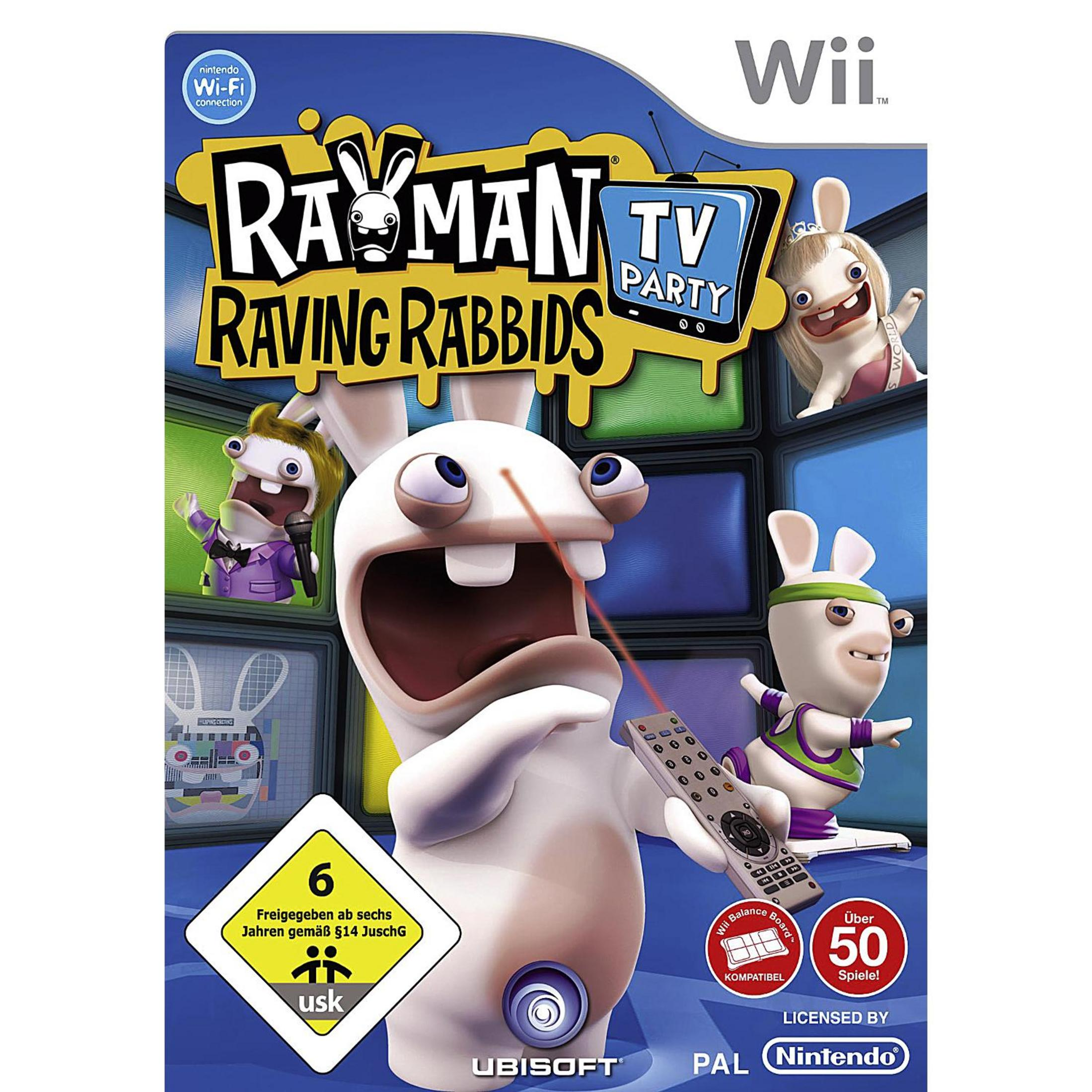 Rayman Raving Rabbids TV Party Spielcover für Wii, mit Cartoon-Hasen und einem TV-Bildschirmhintergrund.
