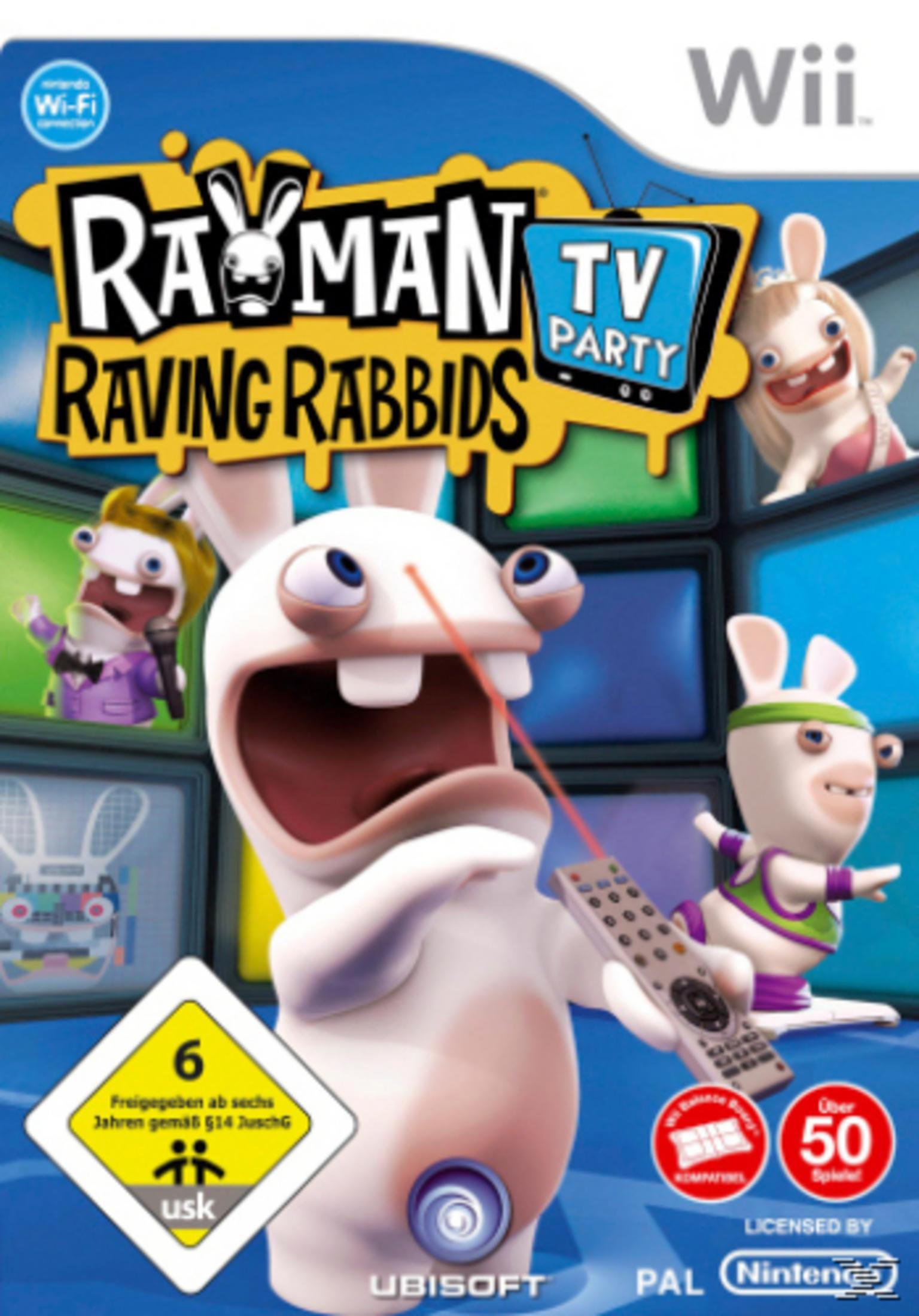 Rayman Raving Rabbids TV Party Spielcover für Wii, mit Cartoon-Hasen und einem TV-Bildschirmhintergrund.