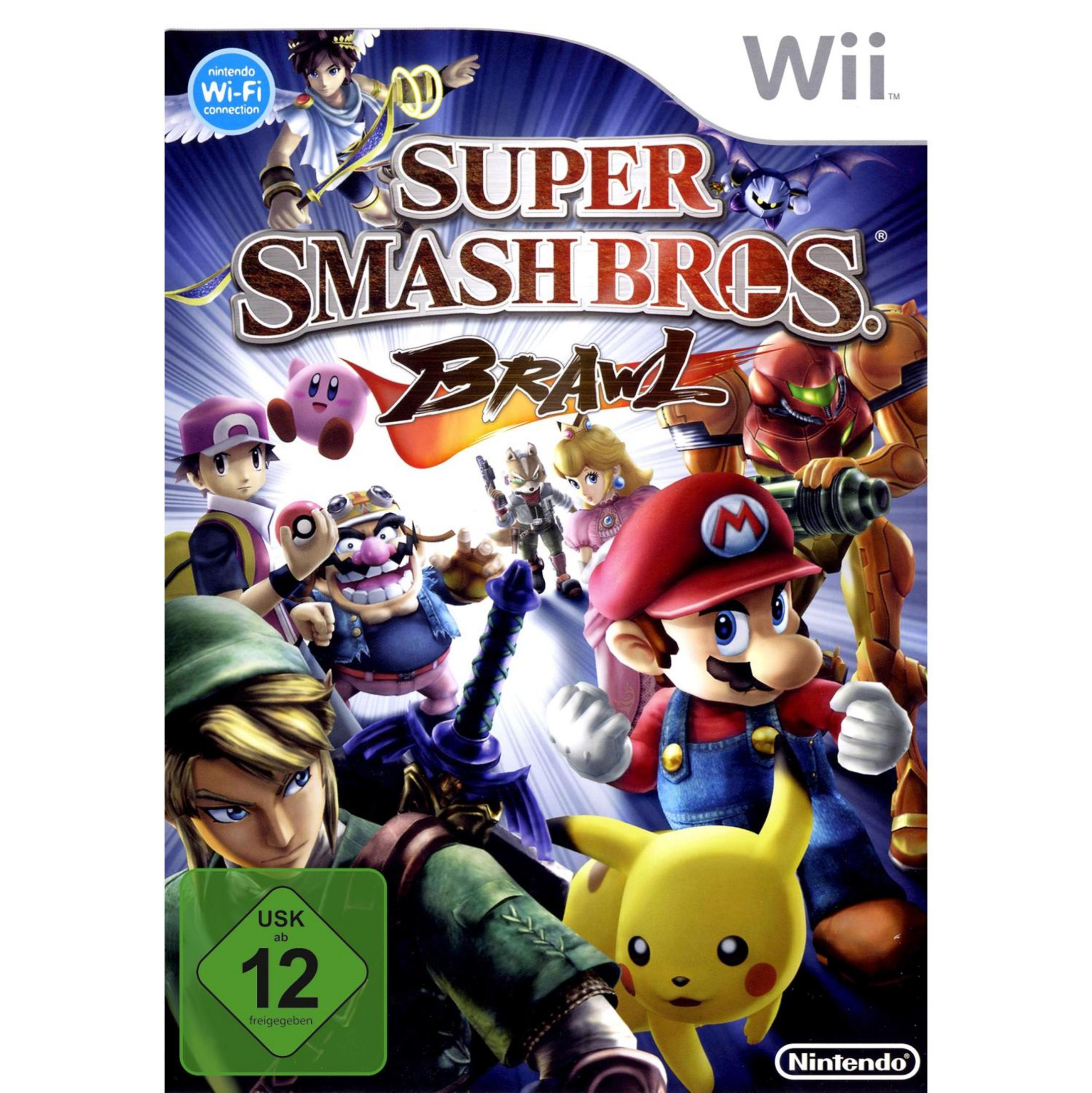 Super Smash Bros Brawl Spielcover für Wii, mit verschiedenen Nintendo-Charakteren in Kampfhaltung.