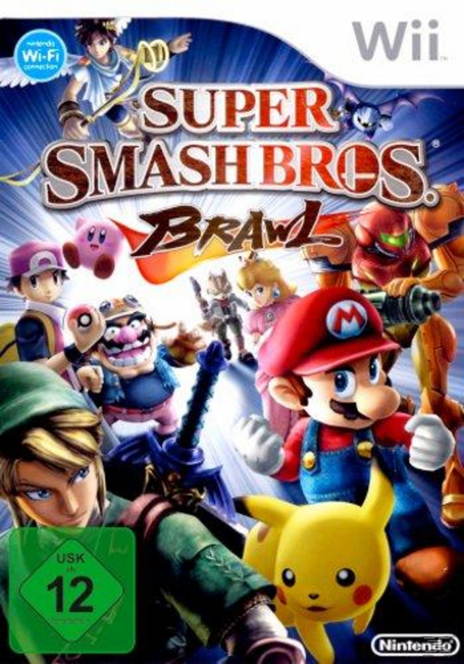 Super Smash Bros. Brawl-Spielcover mit verschiedenen Nintendo-Charakteren und dem Spieltitel.