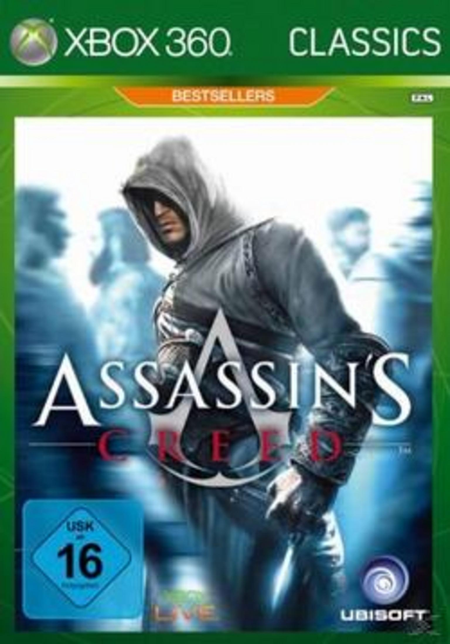 Assassins Creed Xbox 360 Spielcover mit Kapuzenfigur in grau-weißer Kleidung vor verschwommenem Hintergrund.