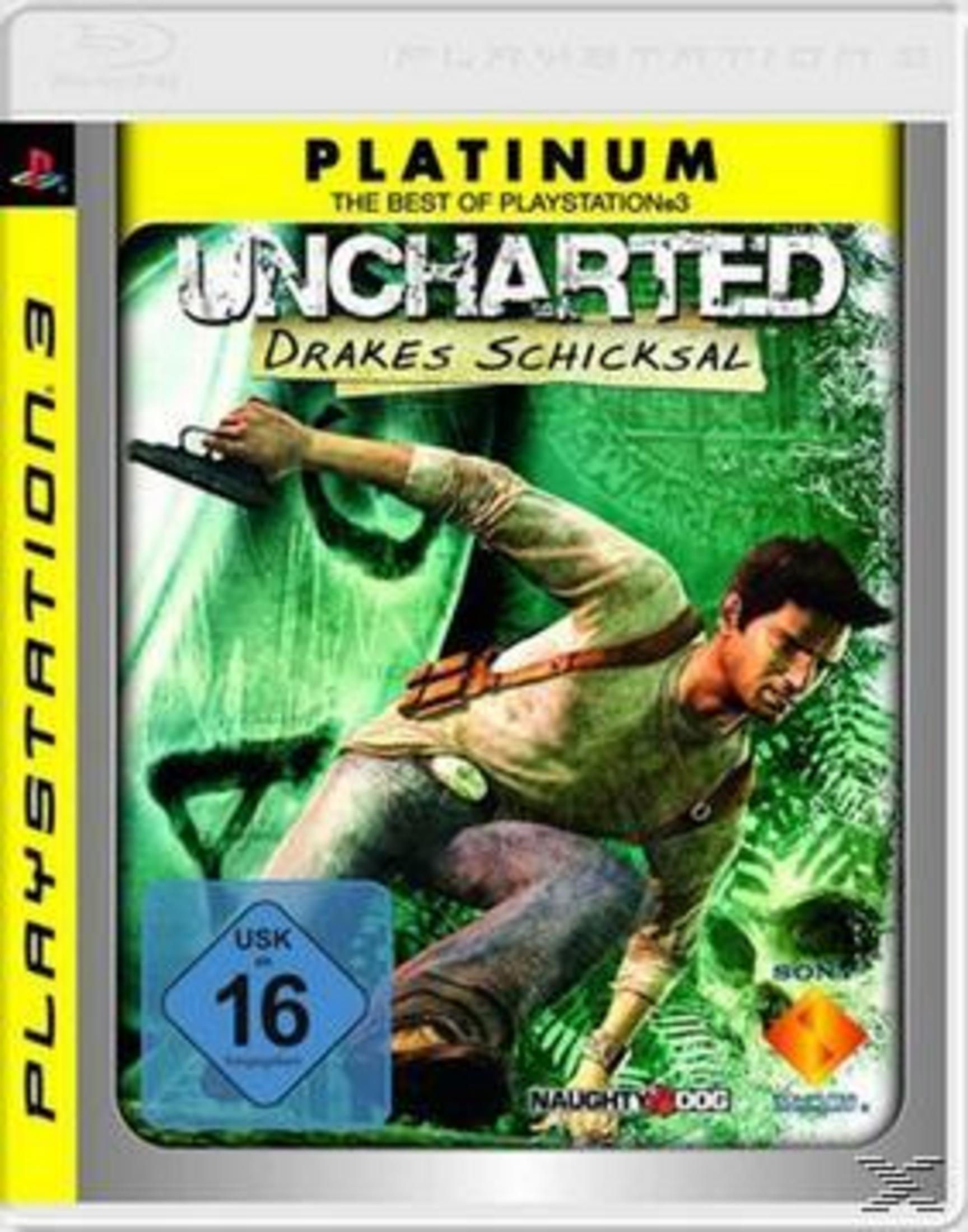 Uncharted: Drakes Schicksal PS3-Spielcover mit Nathan Drake, der eine Waffe in einem Dschungel hält.