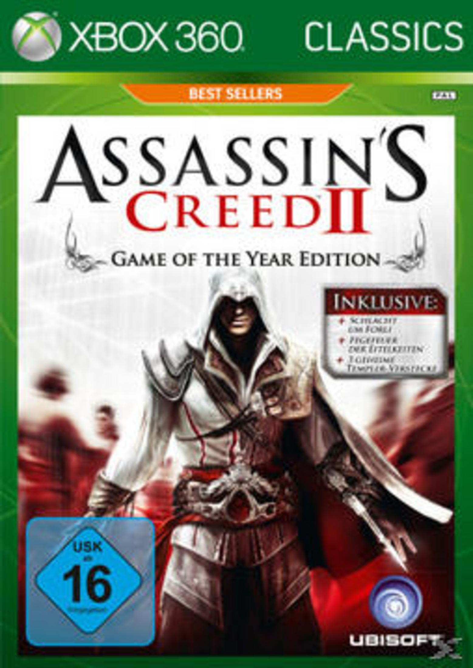 Das Cover von Assassin's Creed II Game of the Year Edition zeigt eine Figur mit Kapuze in weißen Roben mit roten Akzenten.