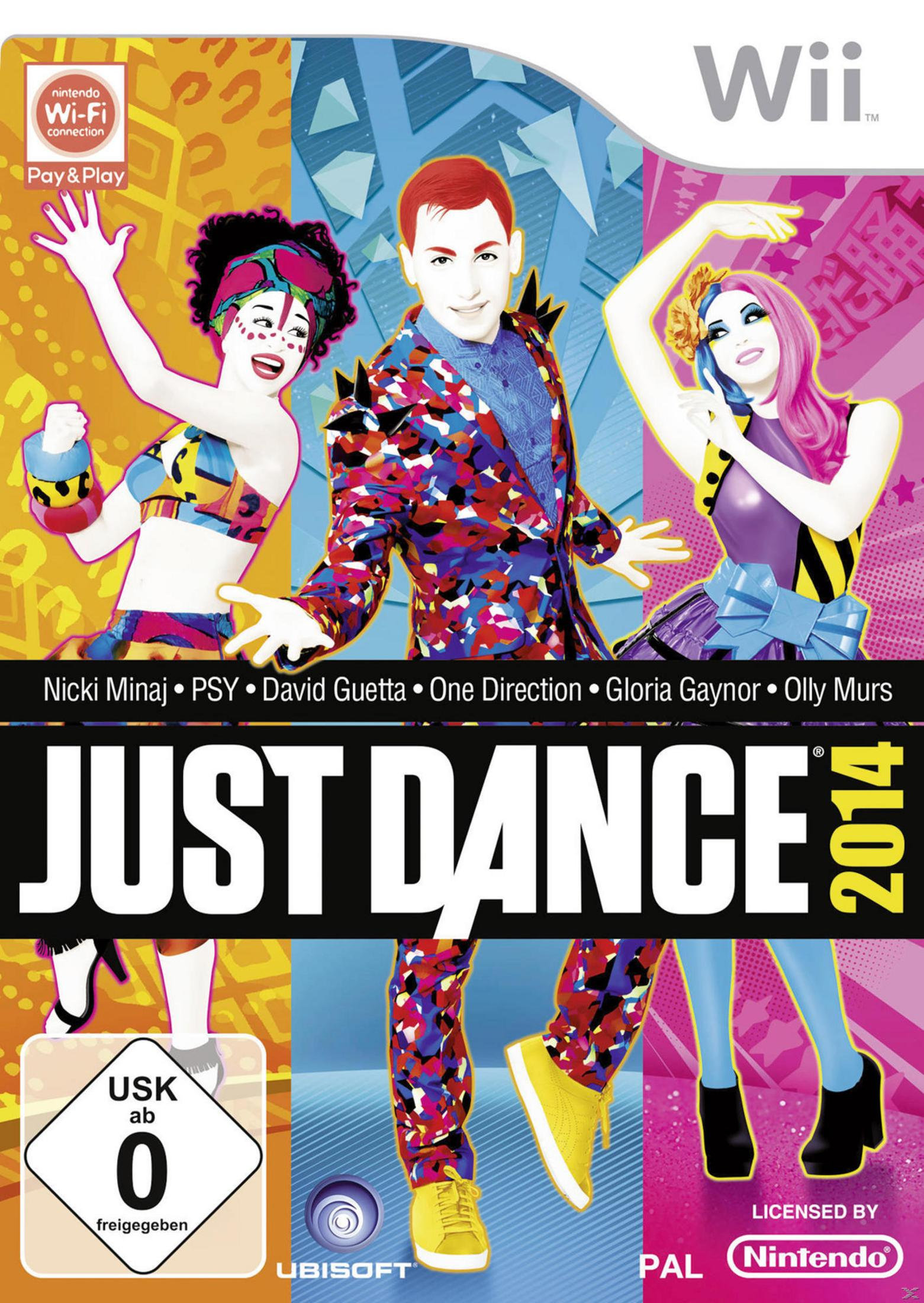 Just Dance 2014 Spielcover mit Tänzern in farbenfrohen Outfits und grafischen Elementen.