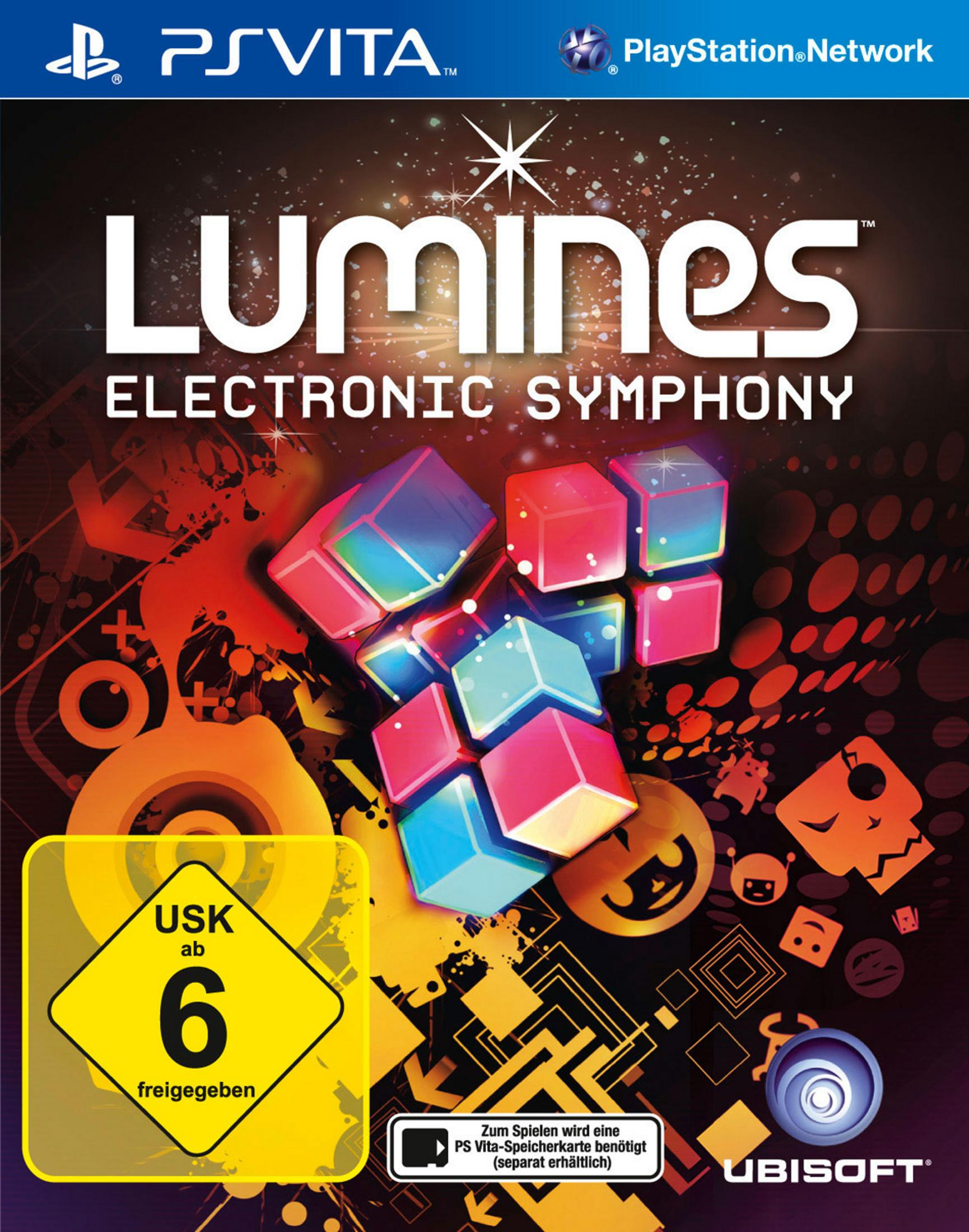 Lumines Electronic Symphony Spielcover mit abstrakten Formen und leuchtenden Farben.