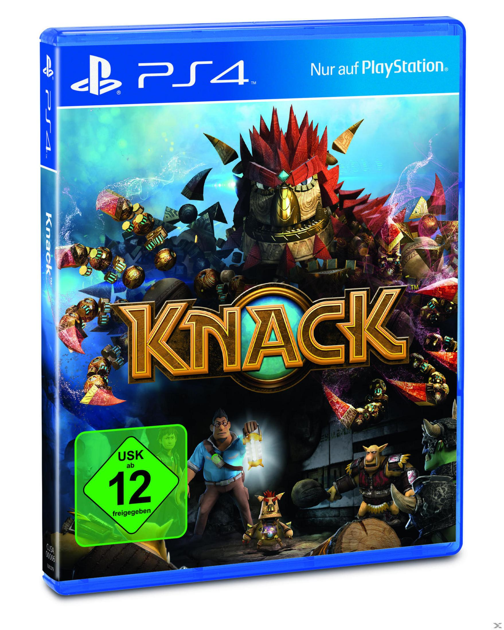 Knack-Spielcover. Zeigt eine Fantasy-Figur und einen Waldhintergrund, mit dem PS4-Logo oben.