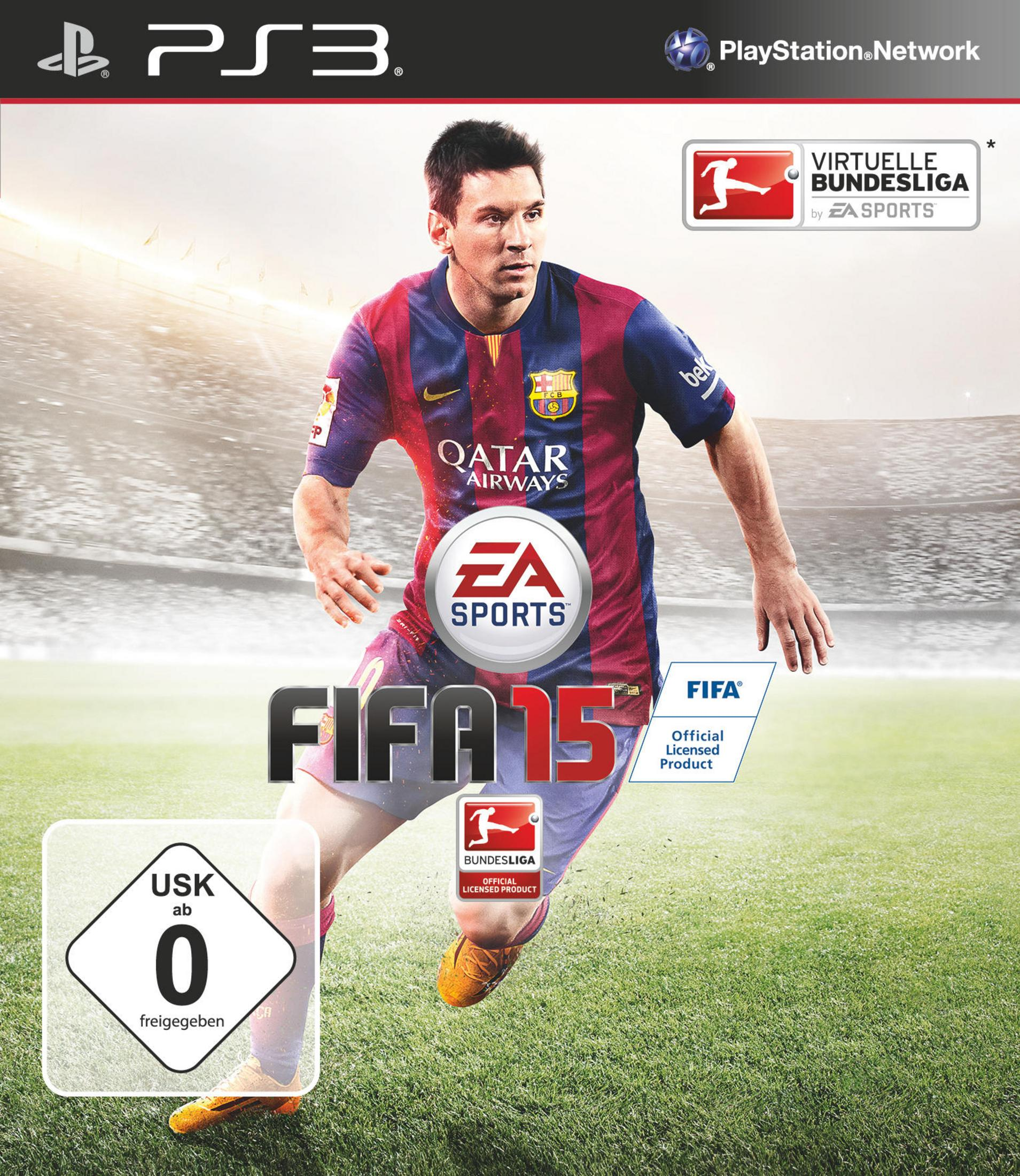 FIFA 15-Spielcover mit Lionel Messi im Barcelona-Trikot auf einem Fußballfeld.