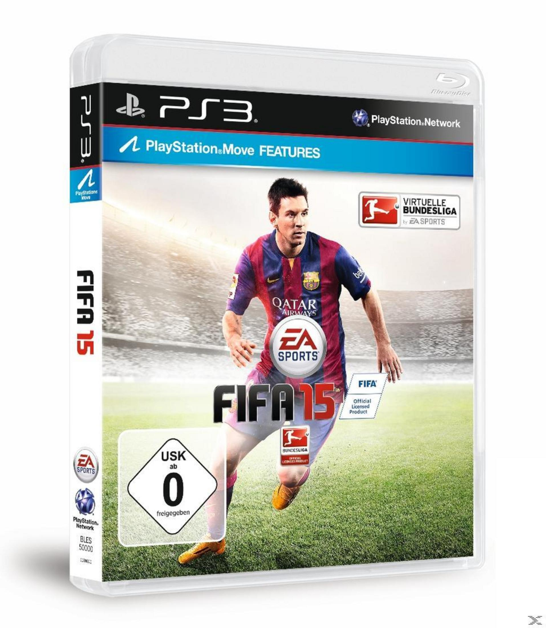 FIFA 15-Spielcover mit Lionel Messi im Barcelona-Trikot auf einem Fußballfeld in einem Koffer.