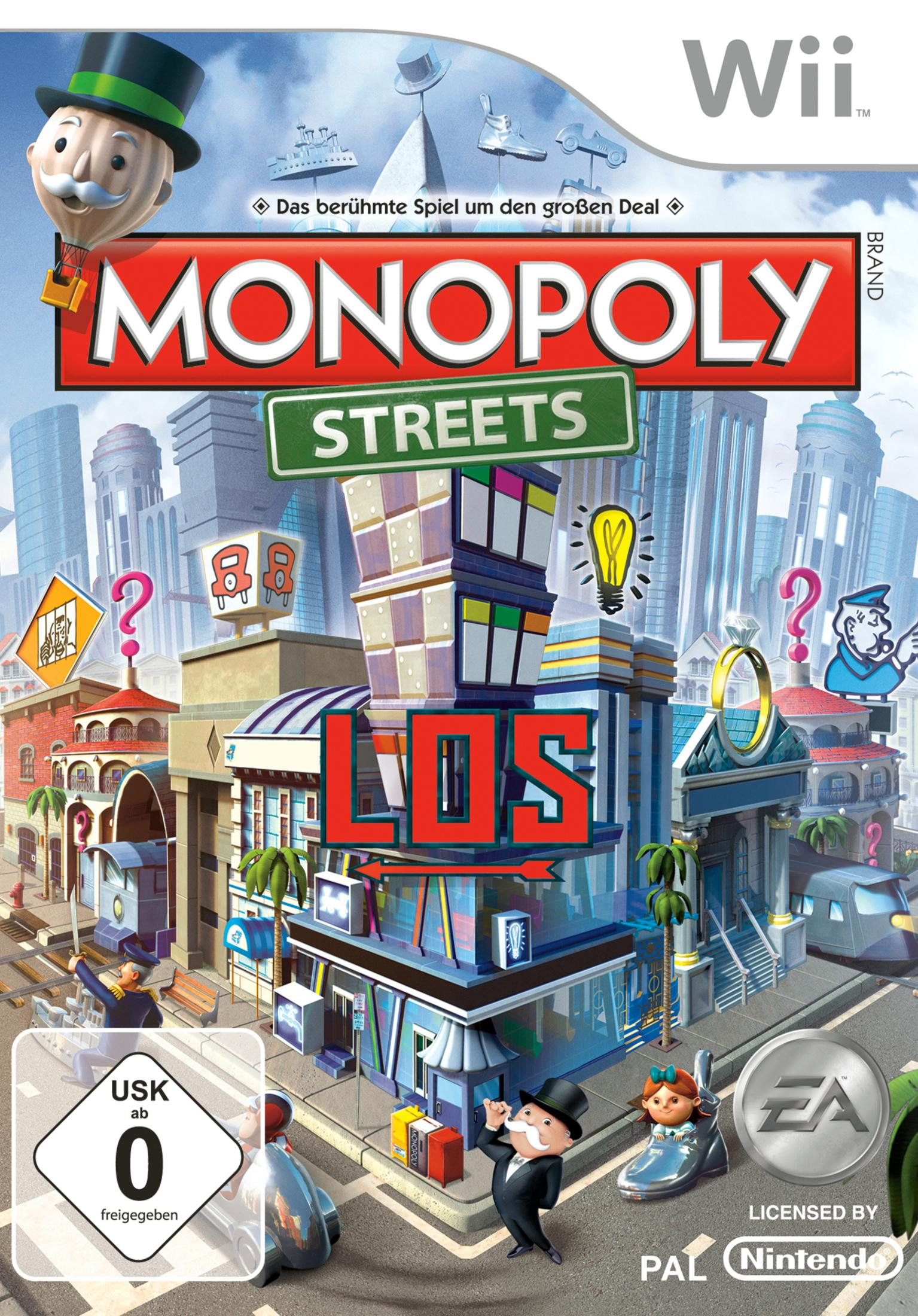 Das Cover des Spiels Monopoly Streets zeigt eine stilisierte Stadt mit Monopoly-Figuren.