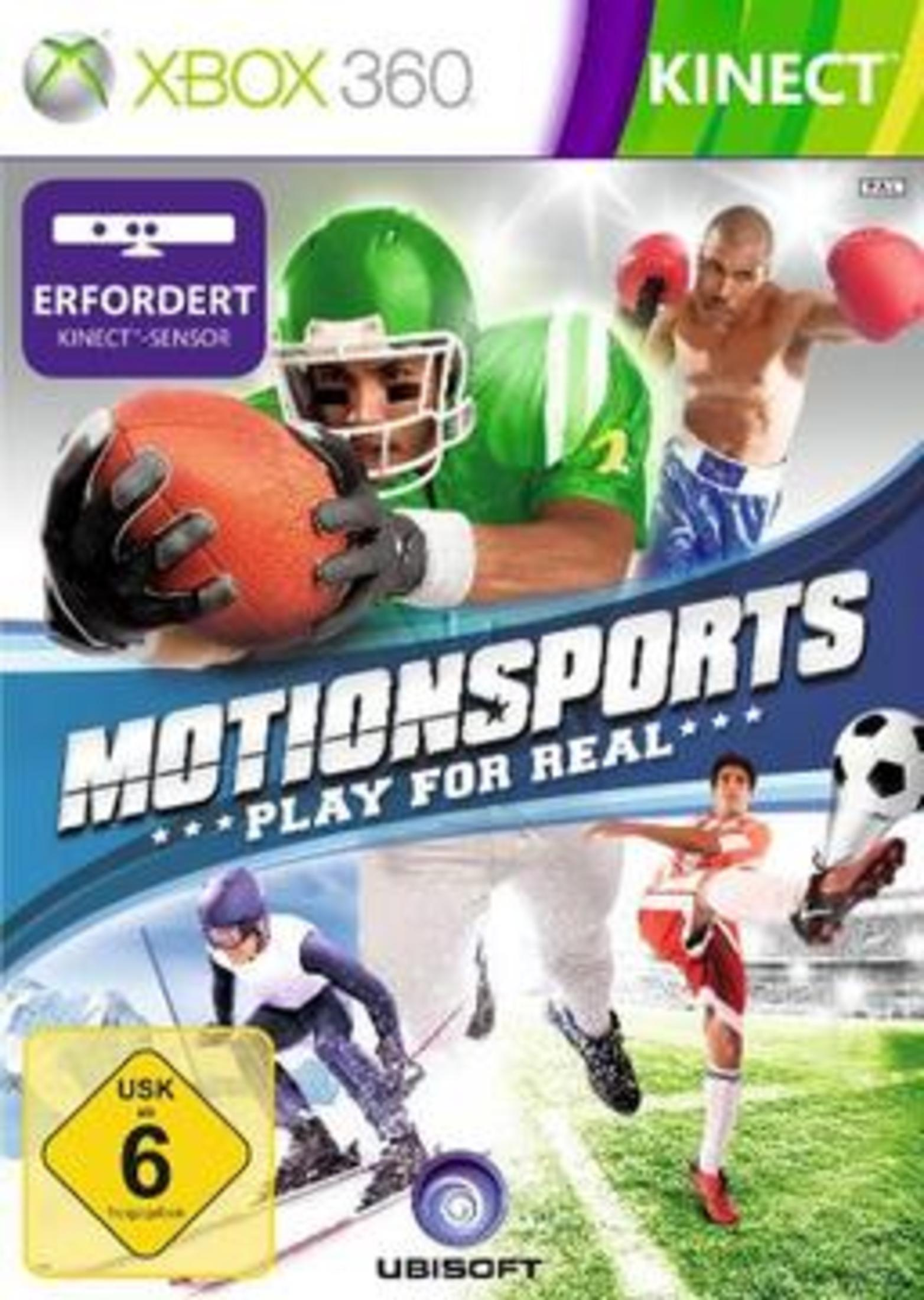 Xbox 360-Spielcover: MotionSports. Mehrere Personen spielen verschiedene Sportarten in einem Stadion.