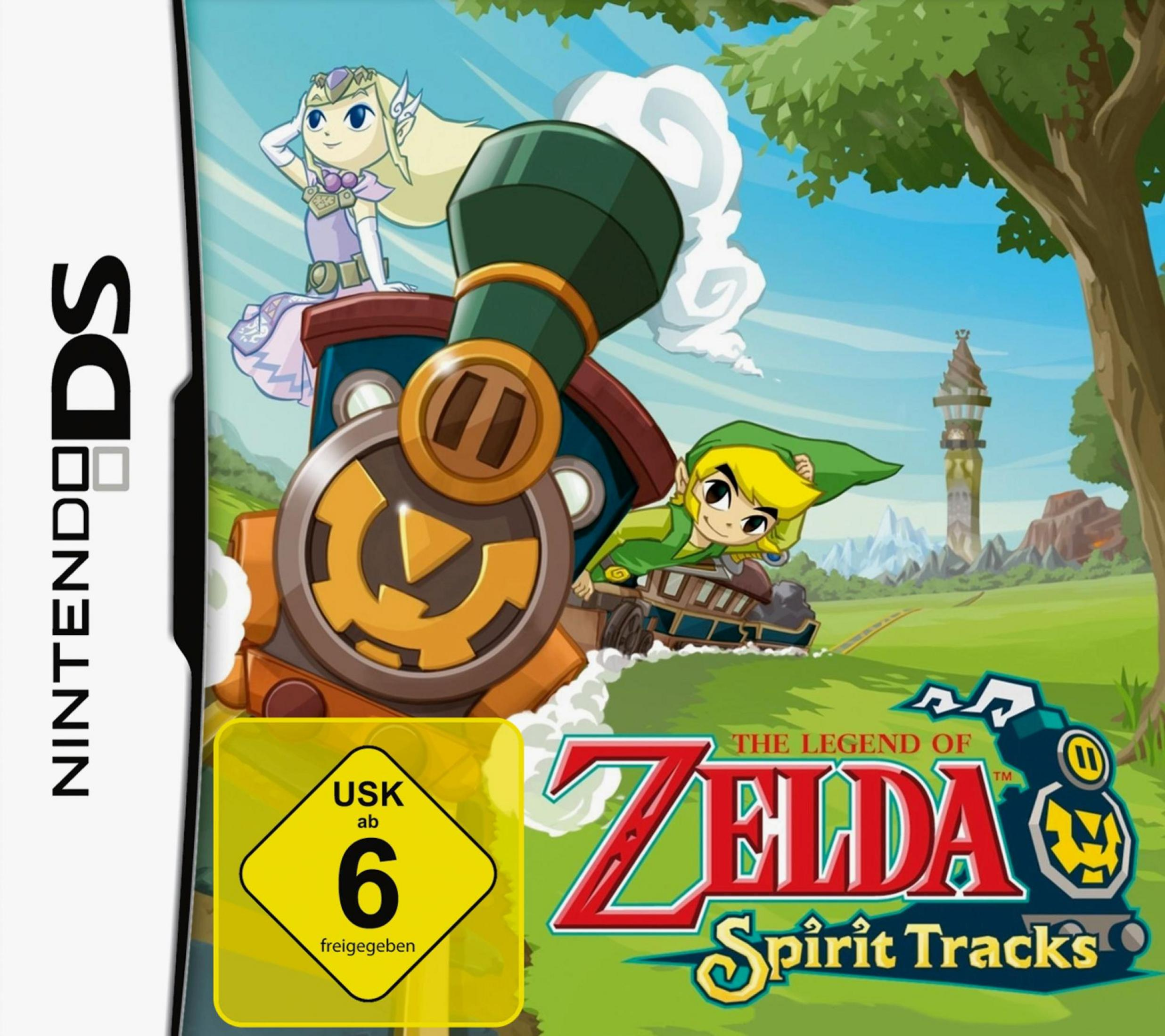 Das Legend of Zelda: Spirit Tracks Spielcover für Nintendo DS, mit Link und Prinzessin Zelda.