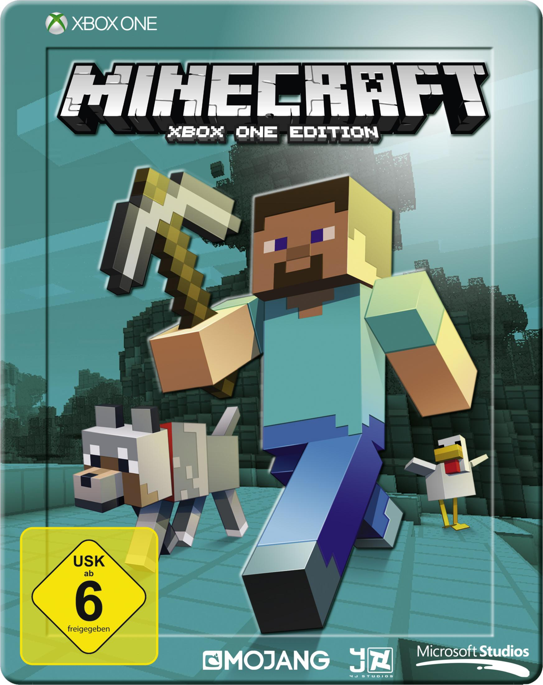 Minecraft Xbox One Edition Spielcover mit Steve, einem Wolf und einem Huhn.