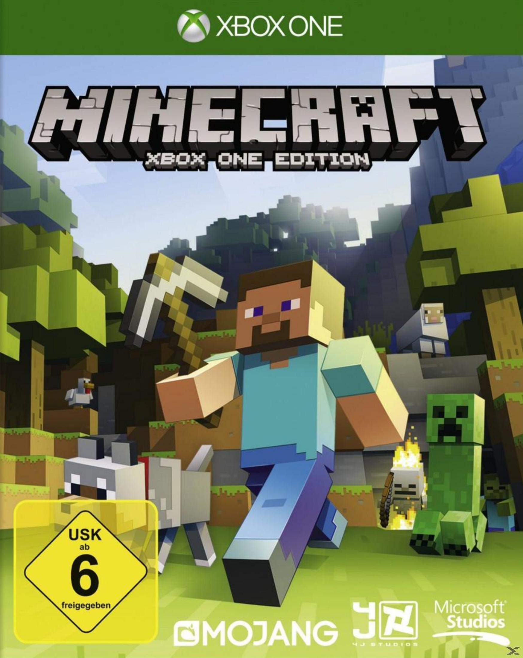 Minecraft Xbox One Edition Spielcover mit Steve, einem Wolf, Huhn und einem Creeper.