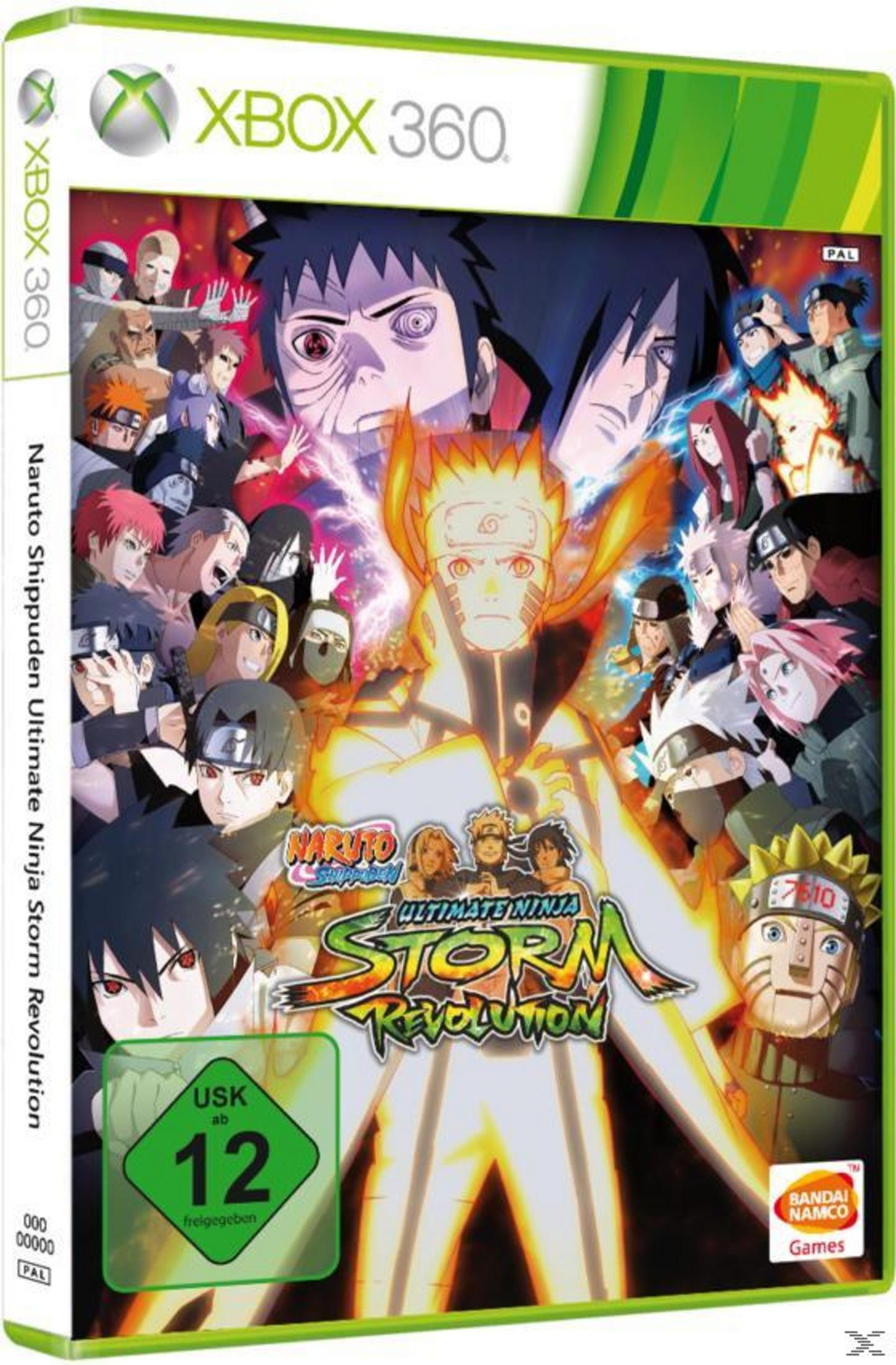 Xbox 360 Naruto Shippuden: Ultimate Ninja Storm Revolution-Spielcover mit Anime-Charakteren.