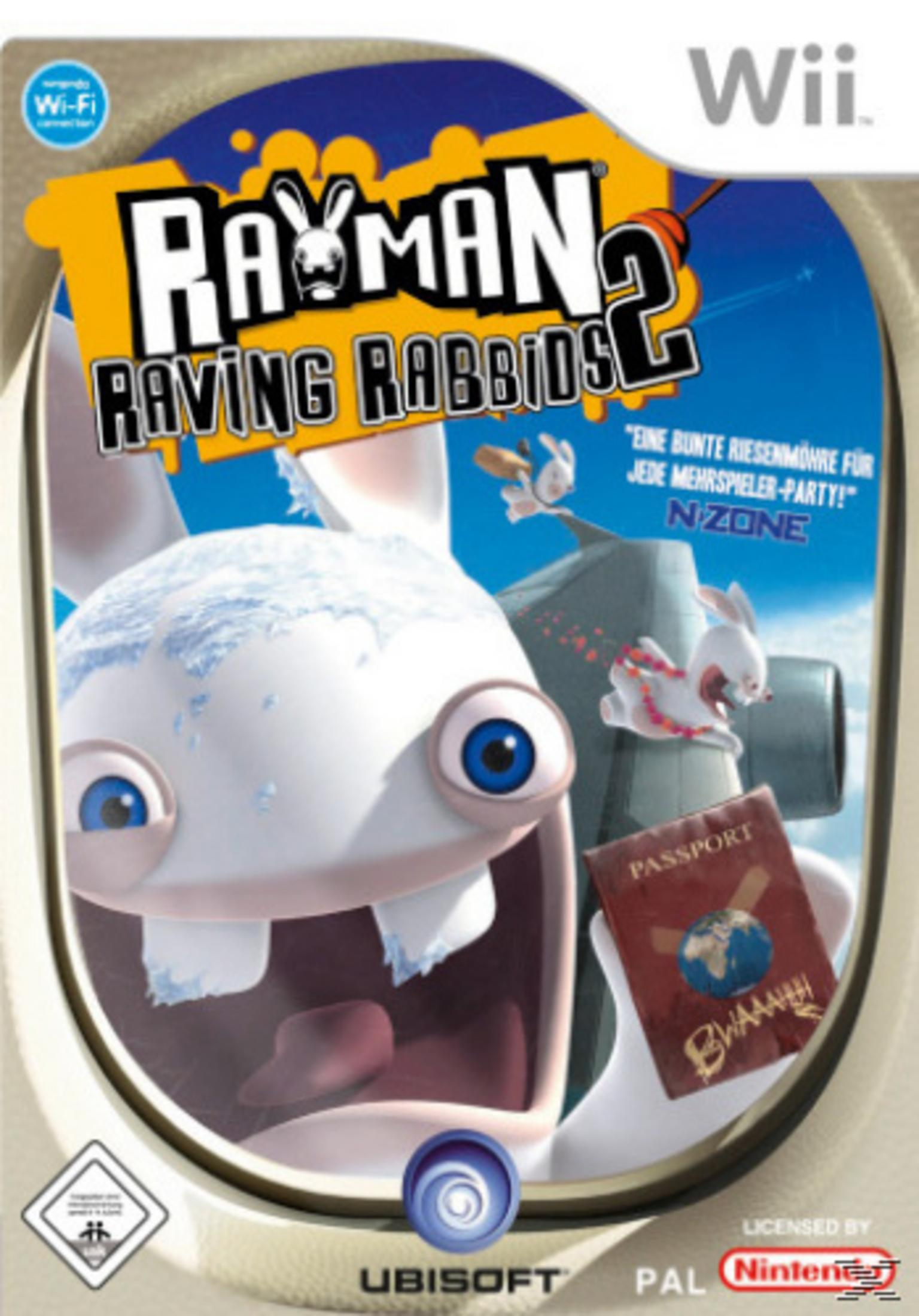 Rayman Raving Rabbids 2 Cover: Ein weißer Rabbid hält einen Reisepass.