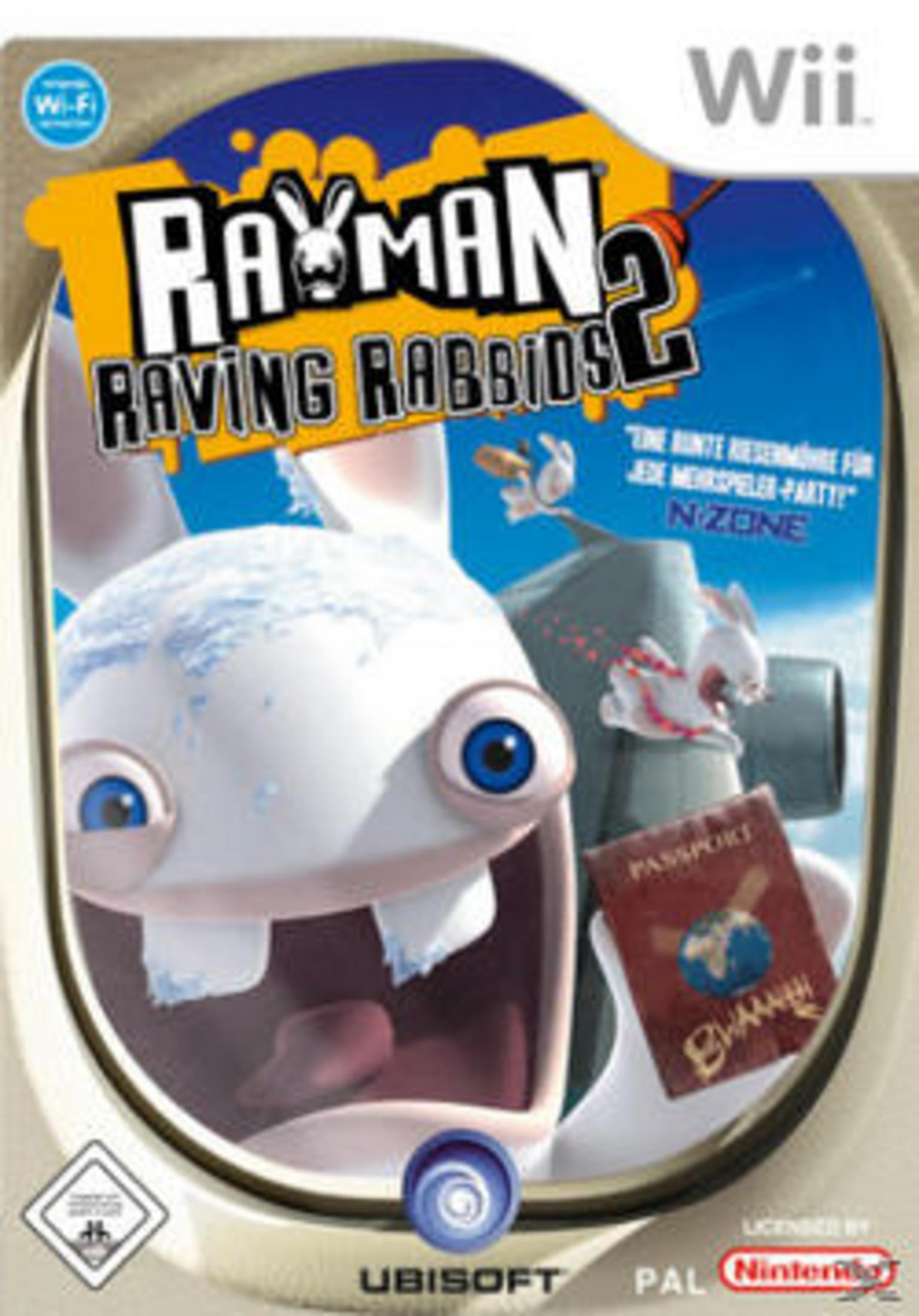 Rayman Raving Rabbids 2 Cover: Ein weißer Rabbid hält einen Reisepass.