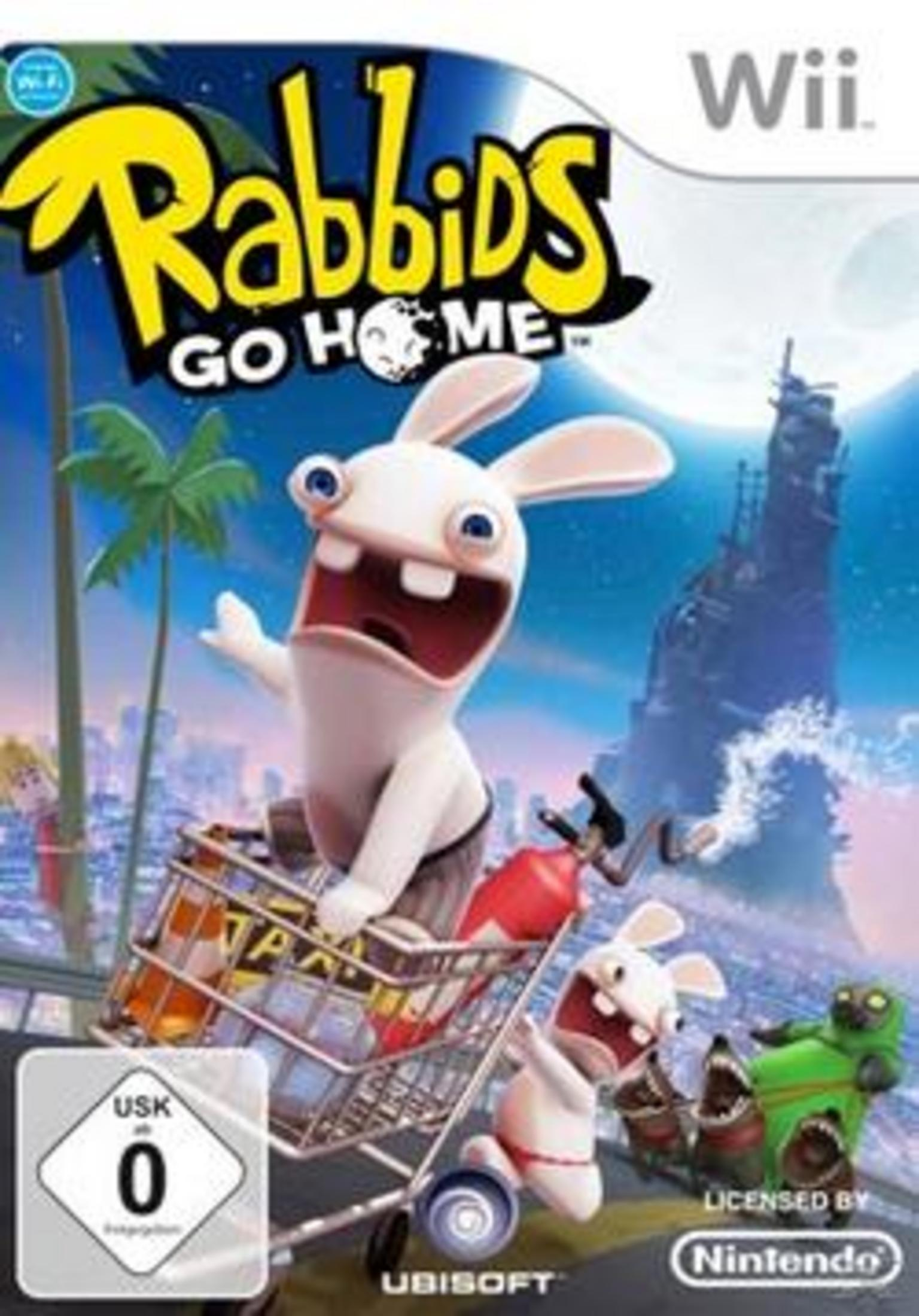 Rabbids Go Home Cover: Ein Rabbid sitzt an einem sonnigen Tag in einem Einkaufswagen.