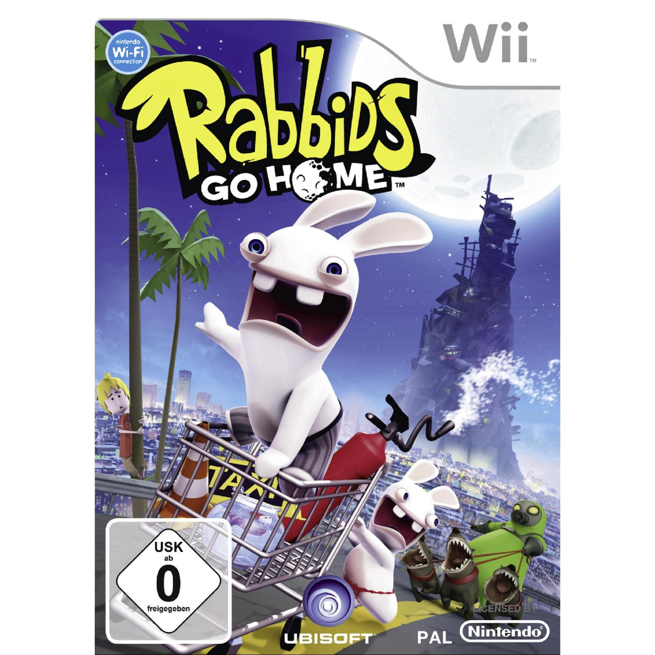 Rabbids Go Home Cover: Ein Rabbid sitzt an einem sonnigen Tag in einem Einkaufswagen.