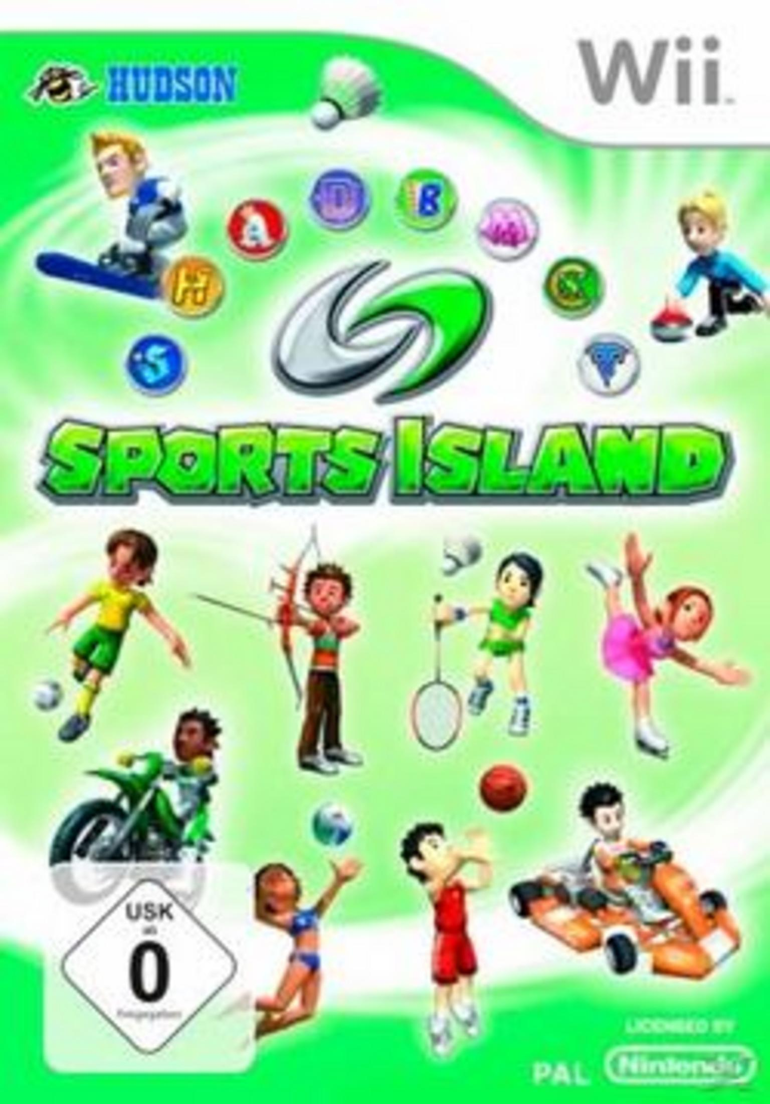 Sports Island Wii-Spielcover mit Cartoonfiguren, die verschiedene Sportarten auf grünem Hintergrund spielen.