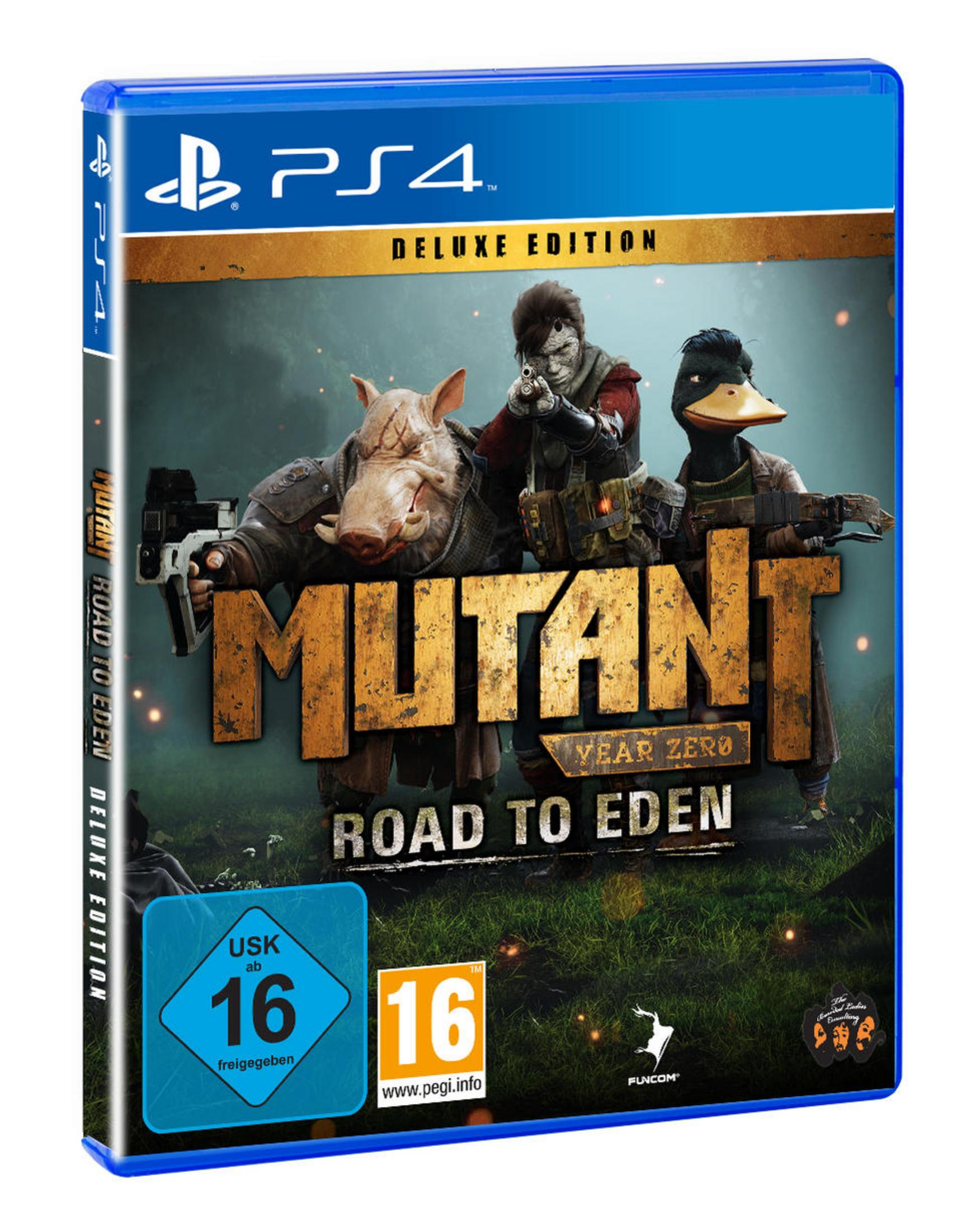 Mutant Year Zero: Road to Eden Deluxe Edition PS4-Spielcover mit einem Schwein, einem Menschen und einer Entenmutante.