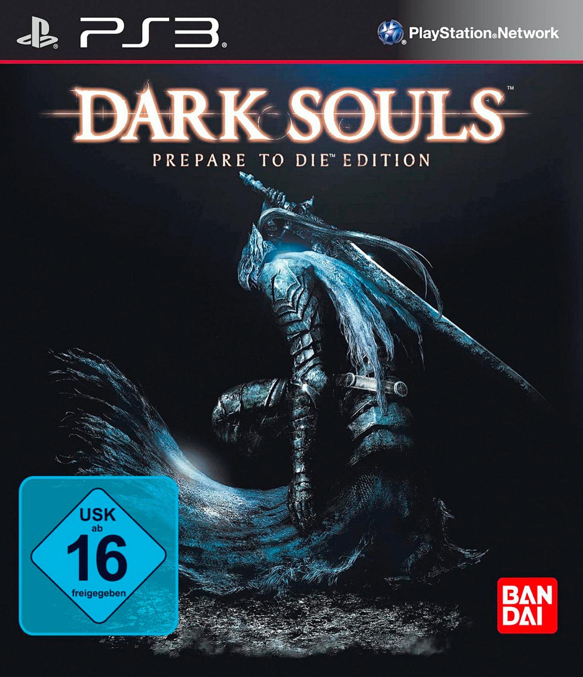 Dark Souls: Prepare to Die Edition-Spielcover für PS3 mit einem Ritter in dunkler Rüstung mit einem Schwert.