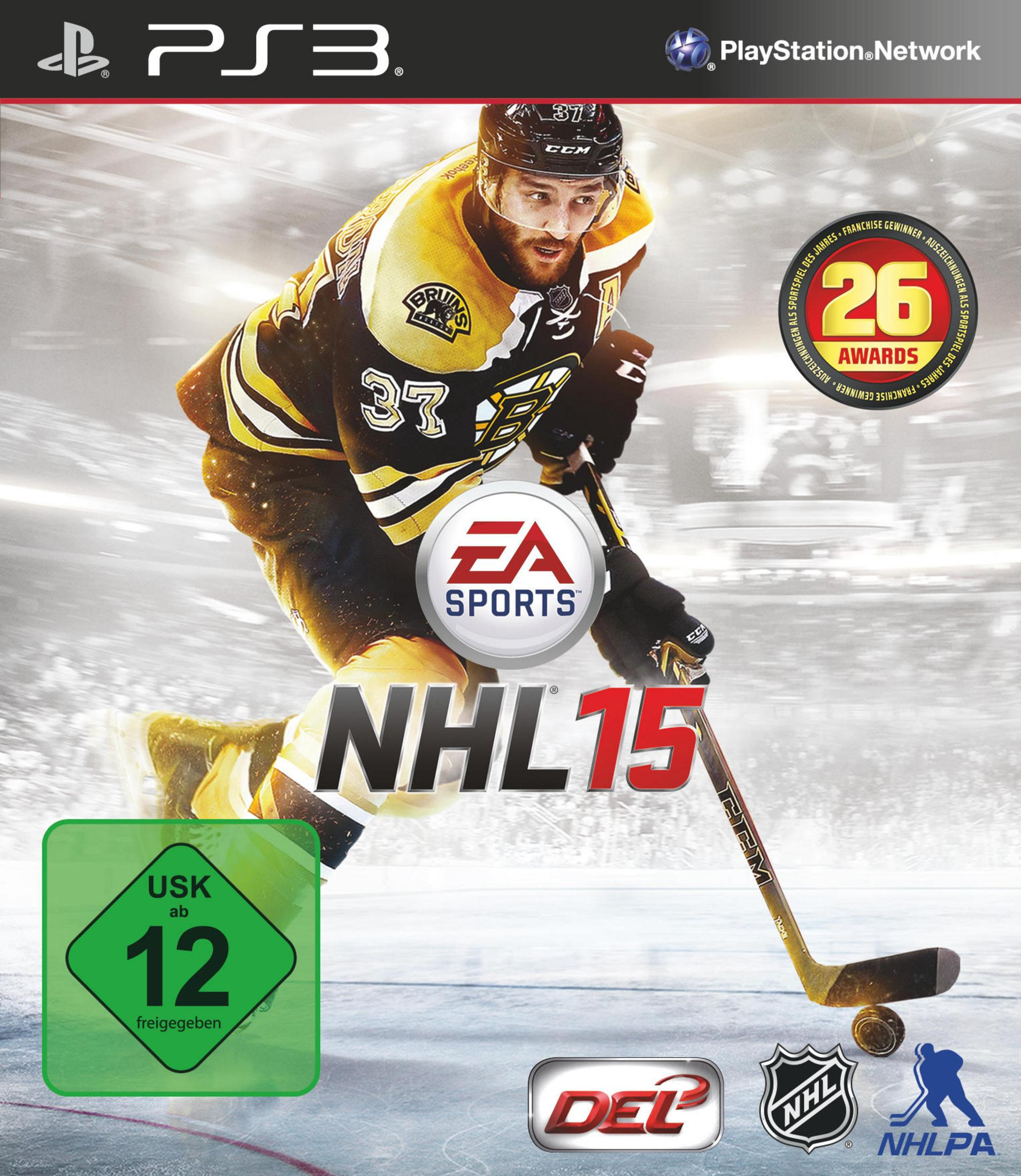 NHL 15-Spielcover mit einem Hockeyspieler in Aktion vor einem verschneiten Hintergrund.