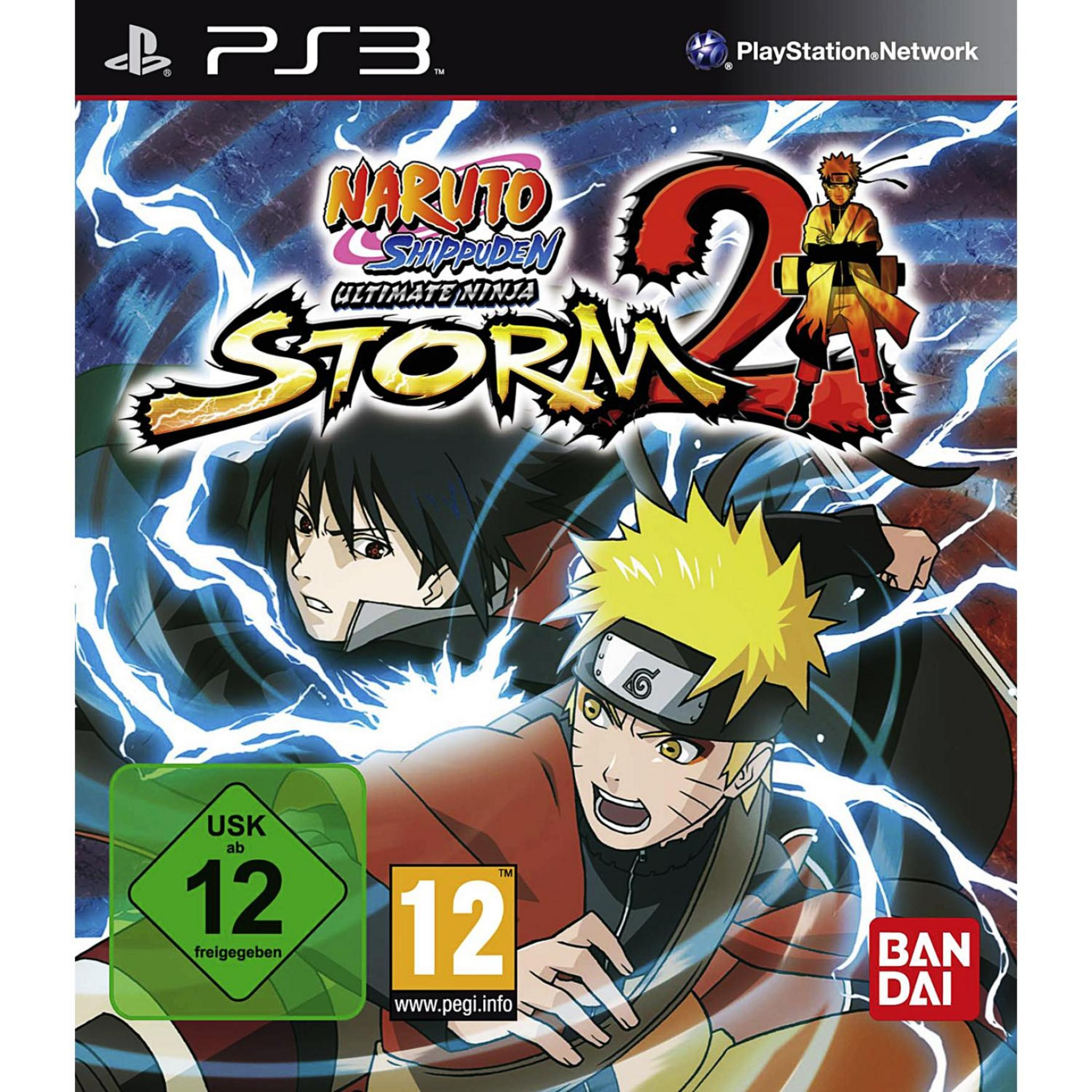 Naruto Shippuden: Ultimate Ninja Storm 2-Spielcover. Zwei männliche Charaktere in Action-Posen mit elektrisch blauen Lichteffekten.