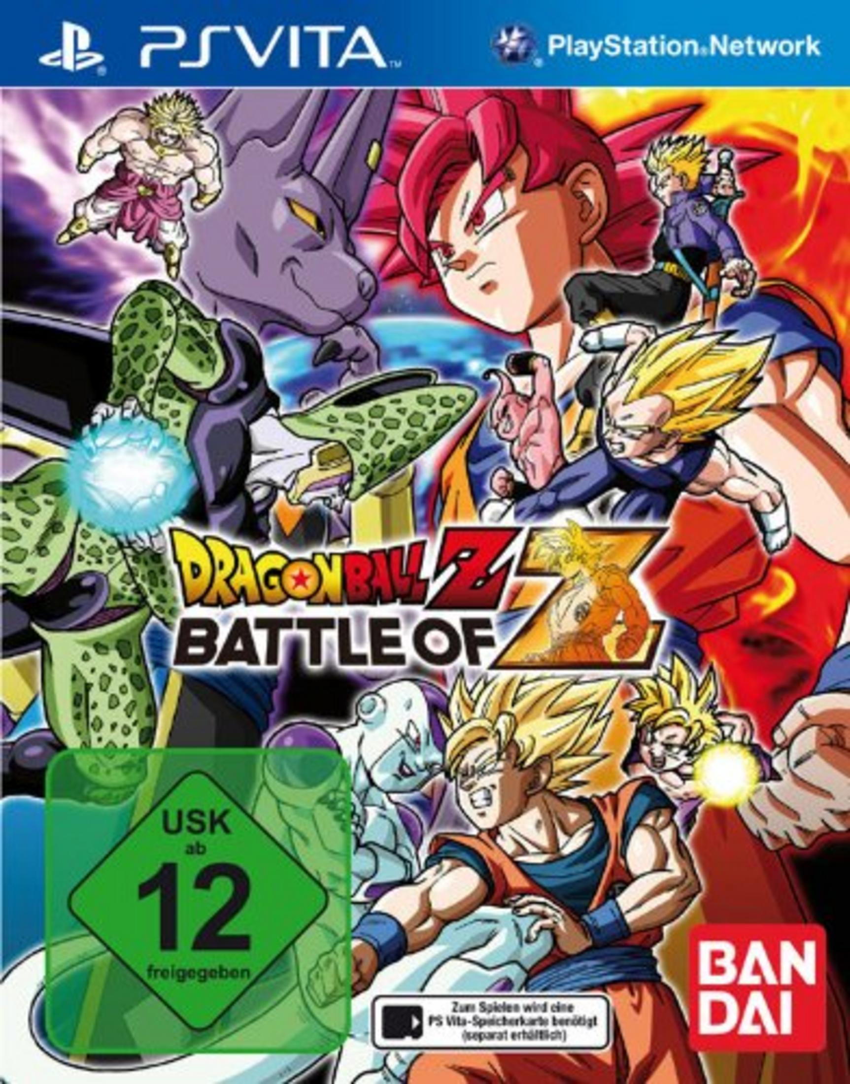 Dragon Ball Z: Battle of Z-Spielcover. Zeigt mehrere Anime-Charaktere in dynamischen Posen mit einem farbenfrohen, actionreichen Hintergrund.